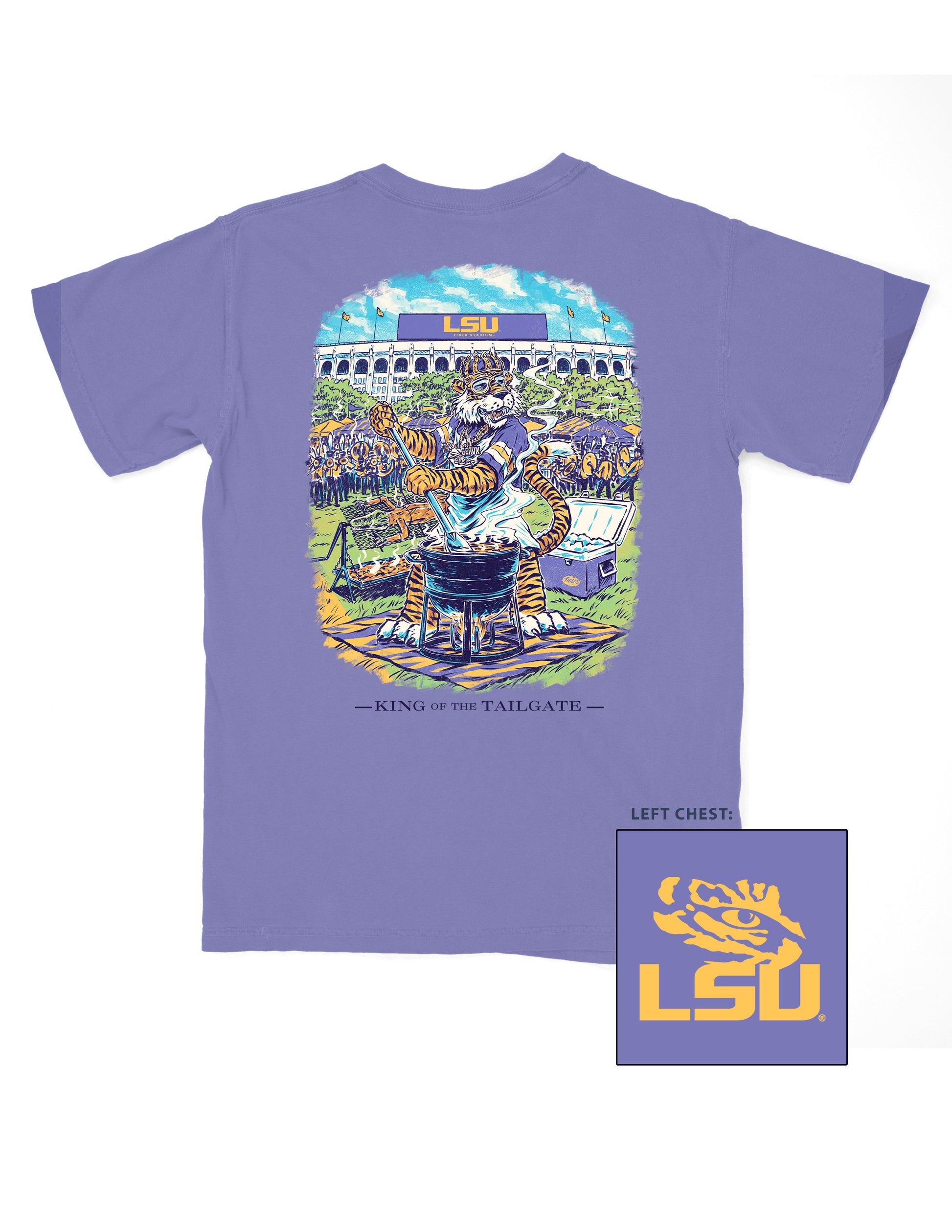 Louisiana State University Purple T-Shirt with an illustration of Mike the Tiger wearing a crown and stirring a pot of gumbo in front of the Tiger Stadium. Text “King of the Tailgate”