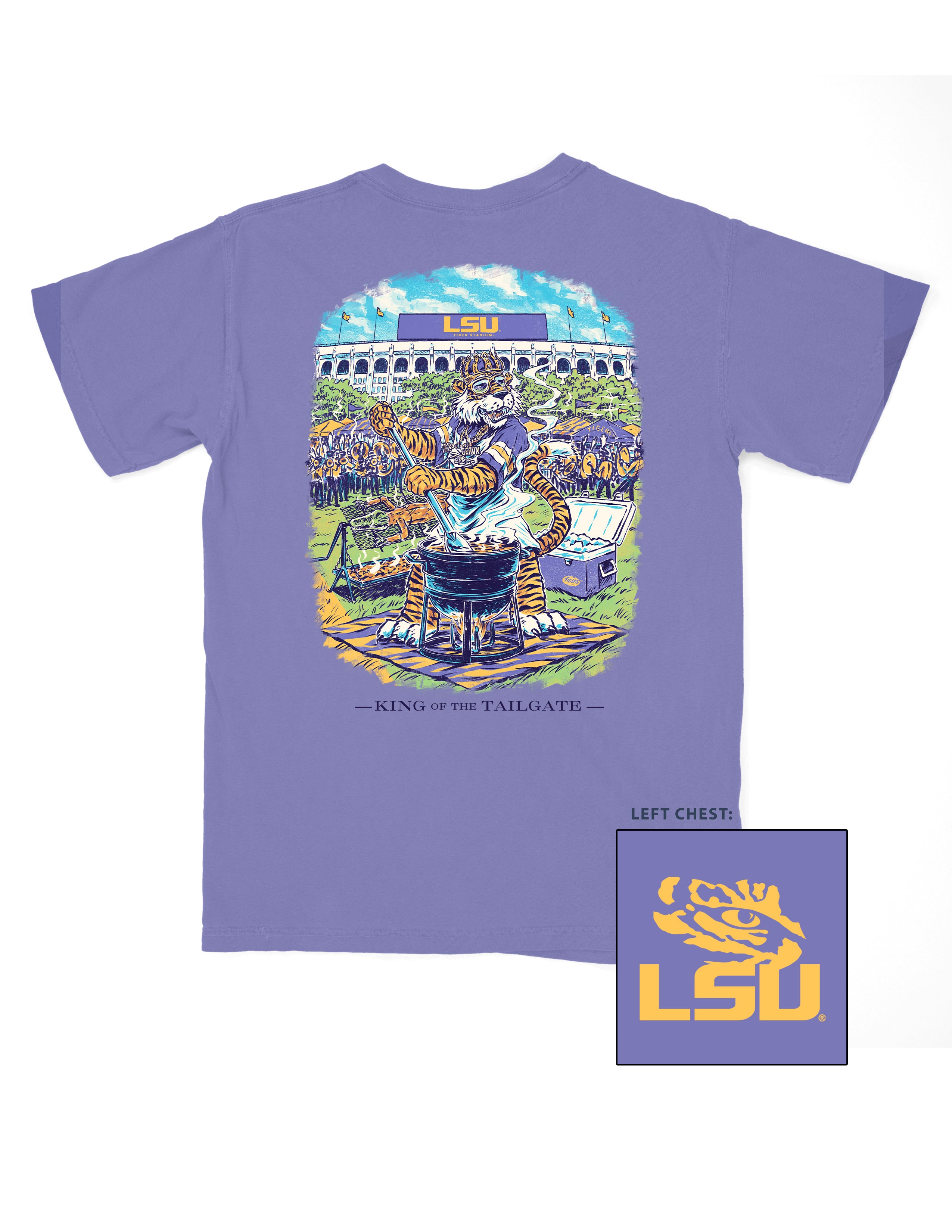 Louisiana State University Purple T-Shirt with an illustration of Mike the Tiger wearing a crown and stirring a pot of gumbo in front of the Tiger Stadium. Text “King of the Tailgate”