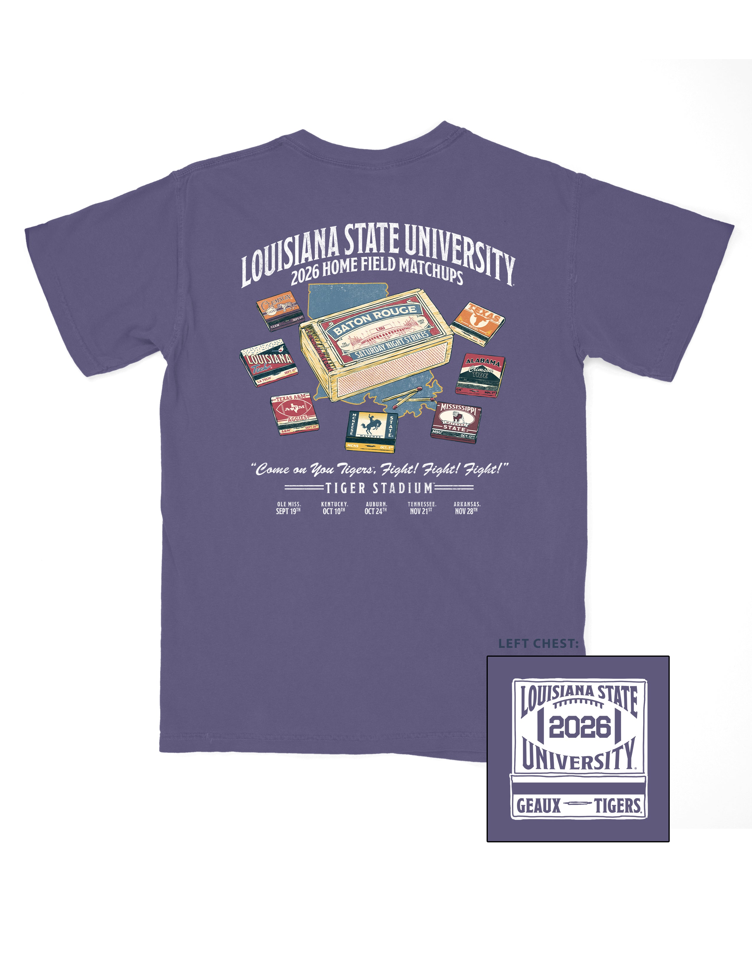 LSU Dark Purple Navy T-Shirt with White Text “2026 Home Field Matchups,” and illustrations of matchbooks. One large “Baton Rouge” matchbook is surrounded by matchbooks from (listed left to right): Clemson, Louisiana Tech, Texas A&M, McNeese State, MS State, Alabama Crimson Tide, and Texas