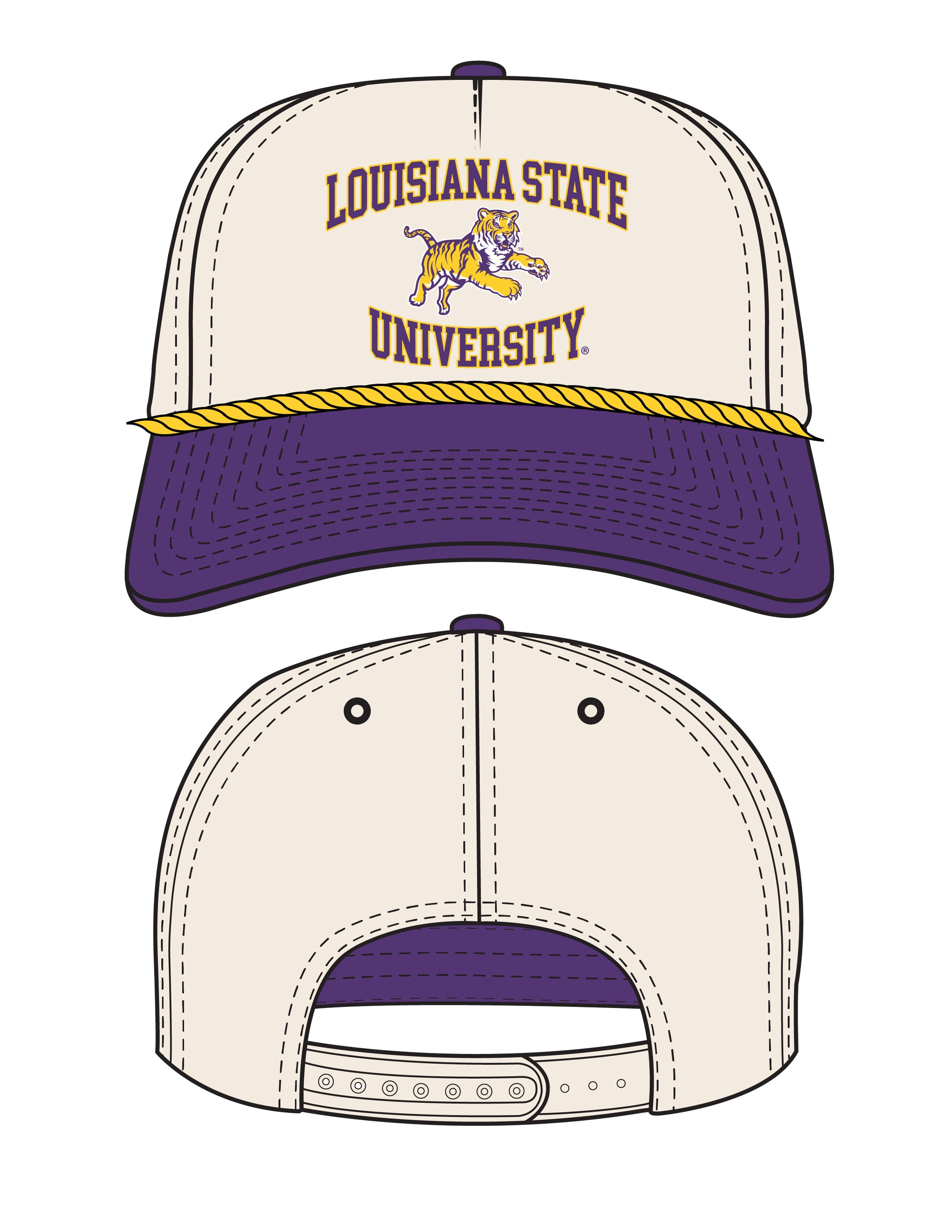 LSU Tan Hat with a Purple brim featuring text “Louisiana State University” surrounding a leaping Bengal tiger 