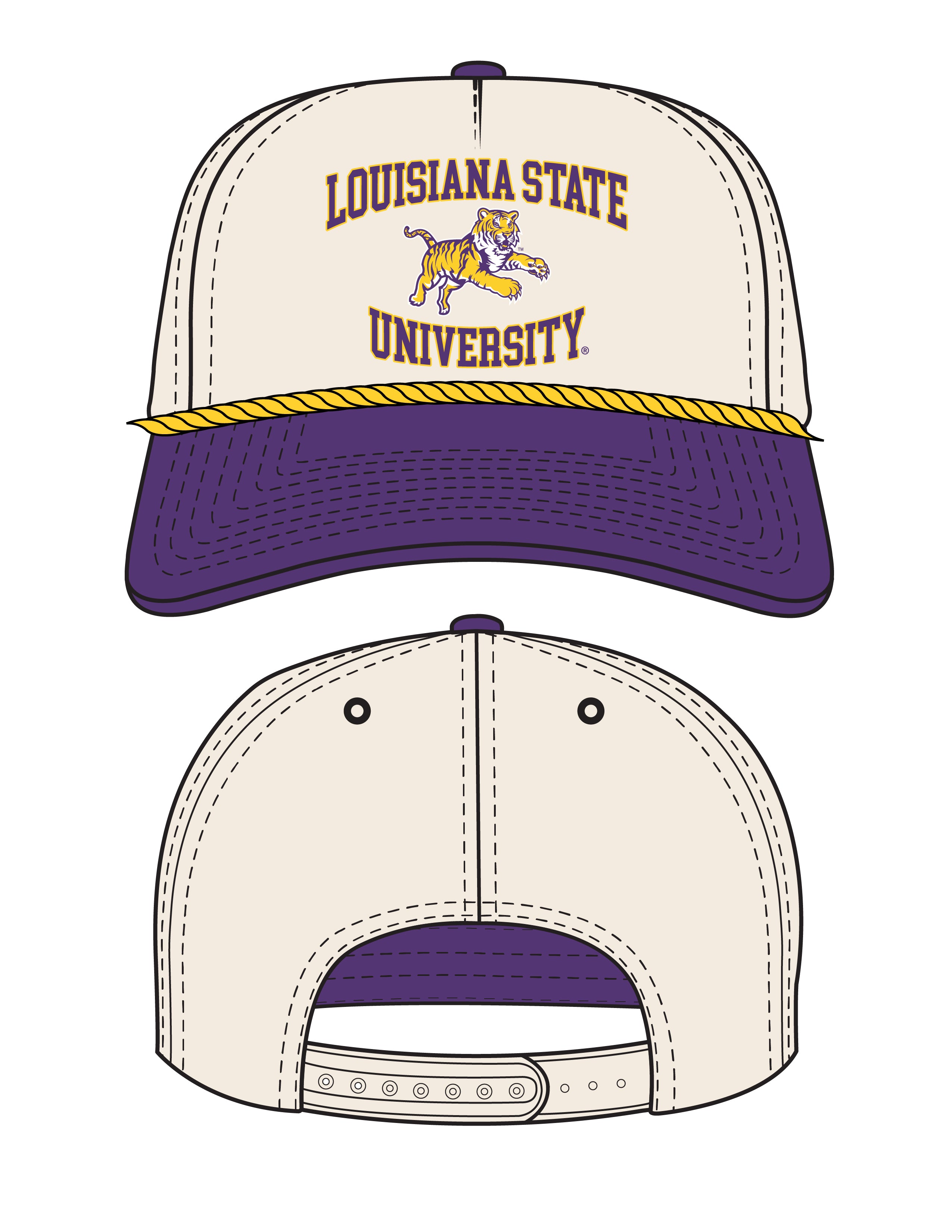 LSU Tan Hat with a Purple brim featuring text “Louisiana State University” surrounding a leaping Bengal tiger 