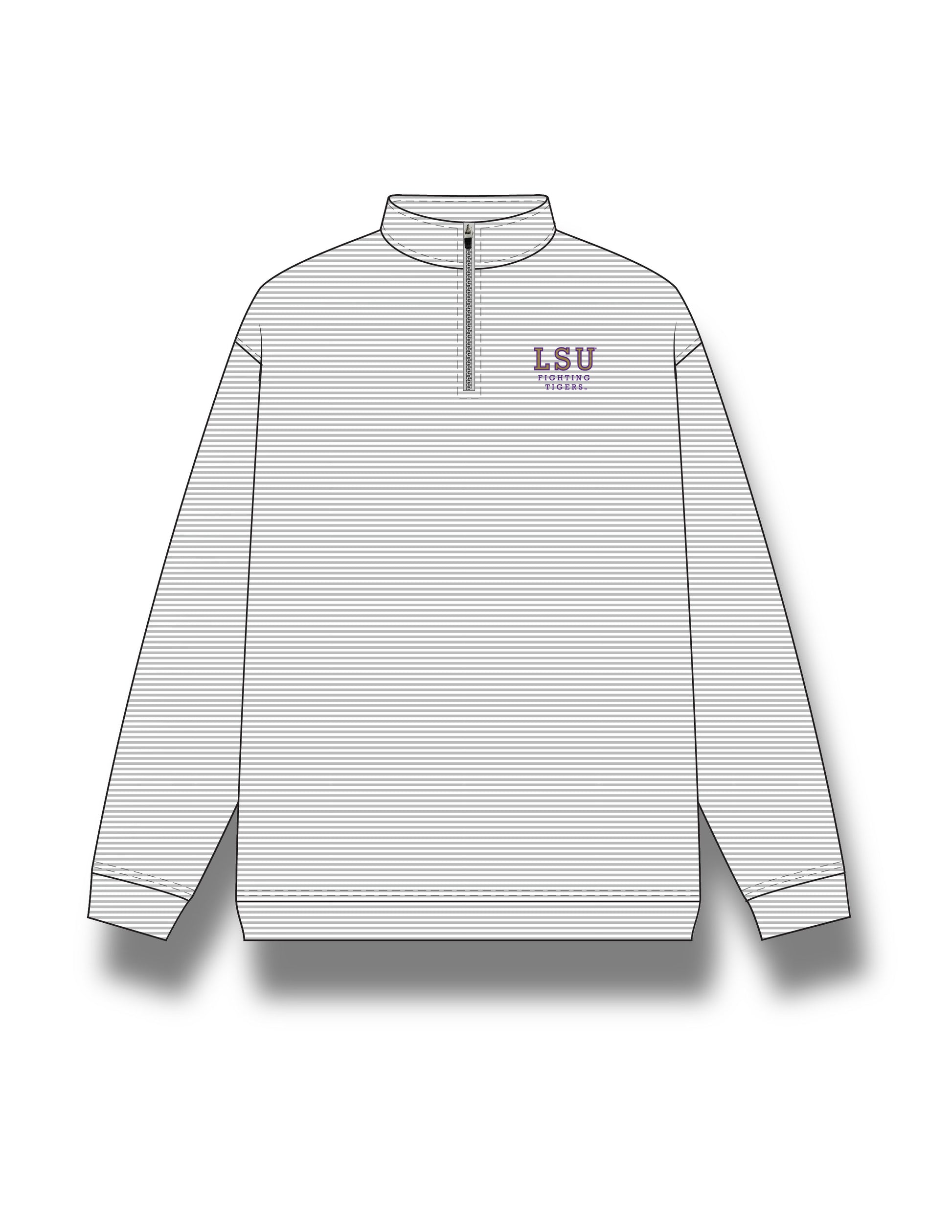LSU Light Grey Stripe Performance Pullover with Purple text “LSU Fighting Tigers” embroidered on the left chest 