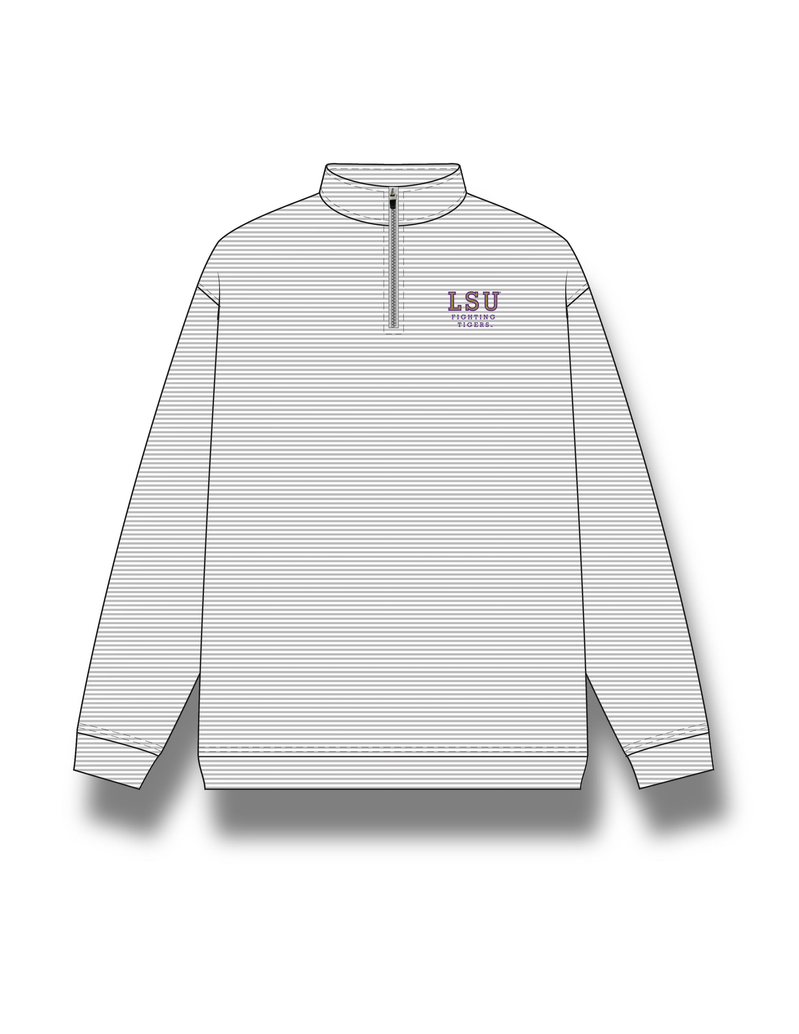 LSU Light Grey Stripe Performance Pullover with Purple text “LSU Fighting Tigers” embroidered on the left chest 