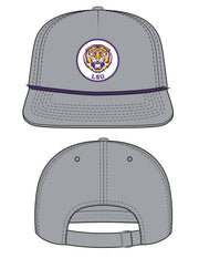 LSU Grey Hat with a Patch featuring embroidery of a roaring Yellow and Purple Tiger