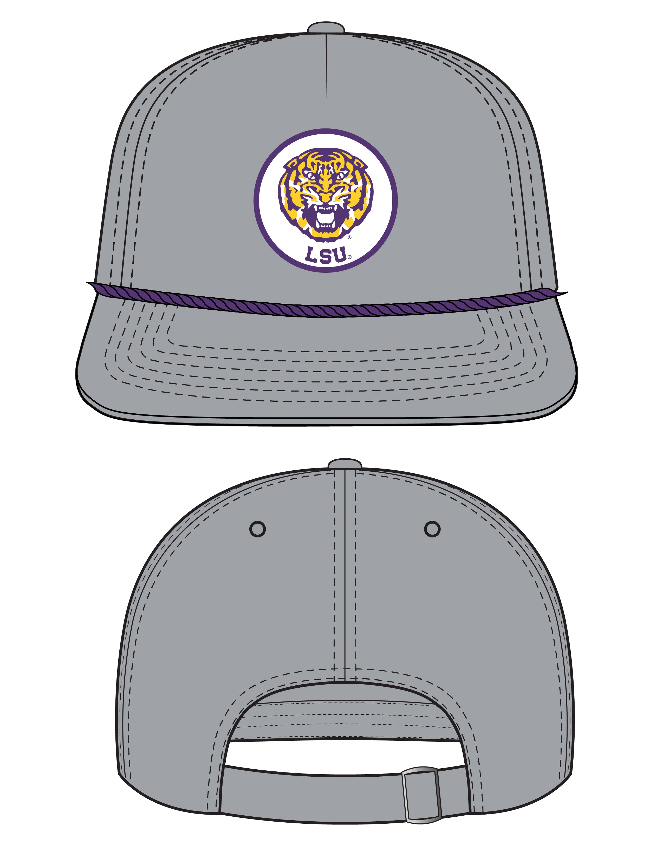 LSU Grey Hat with a Patch featuring embroidery of a roaring Yellow and Purple Tiger