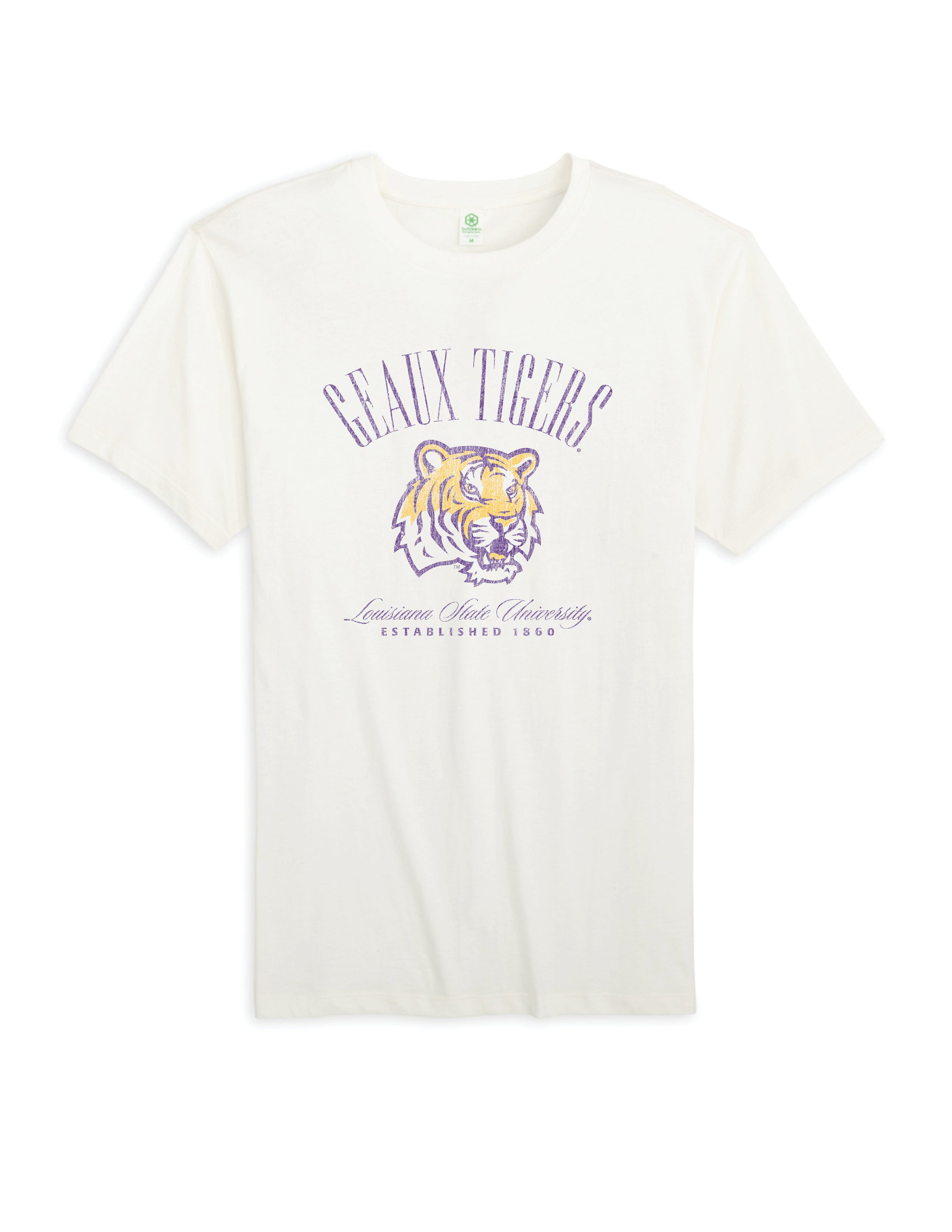 Louisiana State University Ivory T-Shirt with Purple text “Geaux Tigers” above a growling Bengal tiger