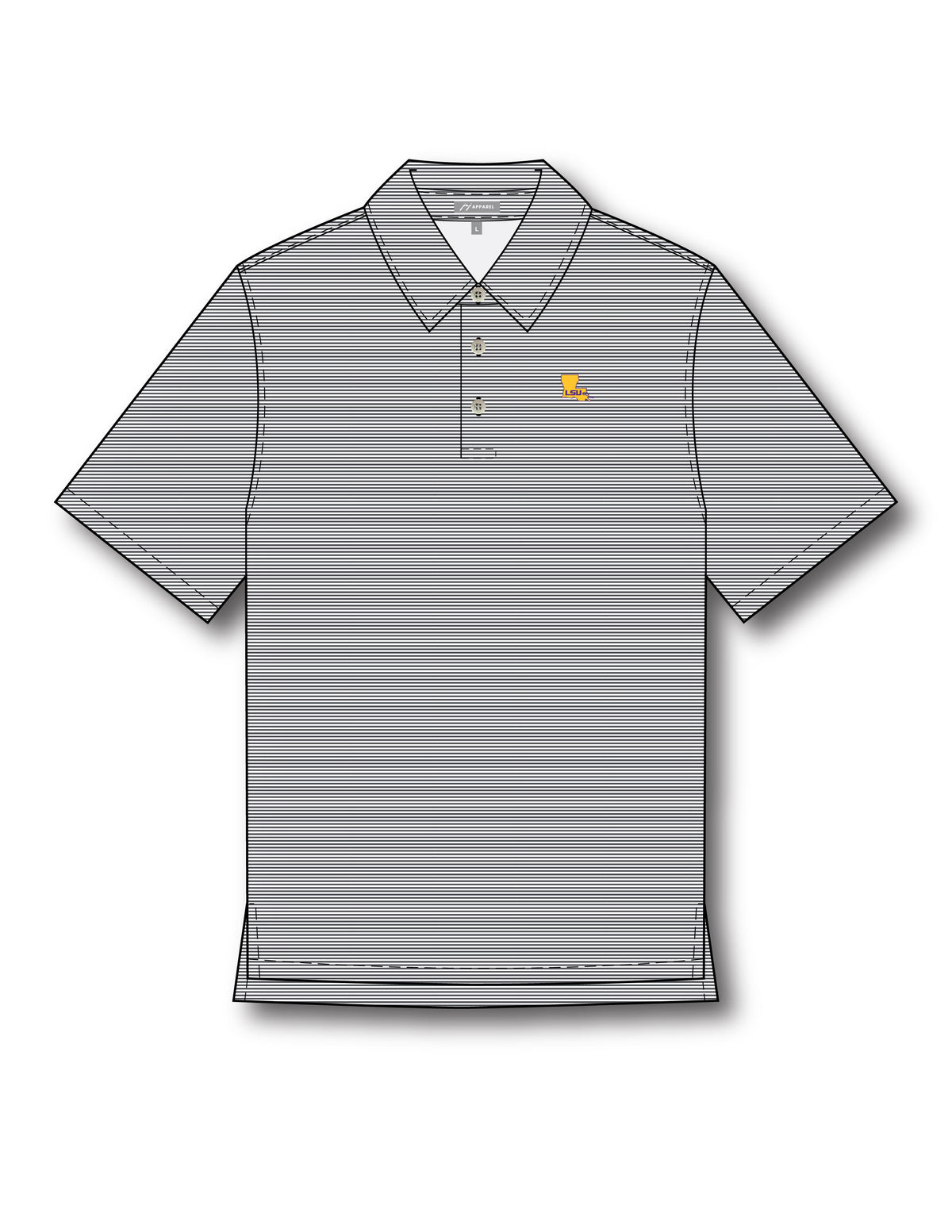 LSU Men’s Grey Stripe Polo with the Louisiana state outline embroidered on the chest