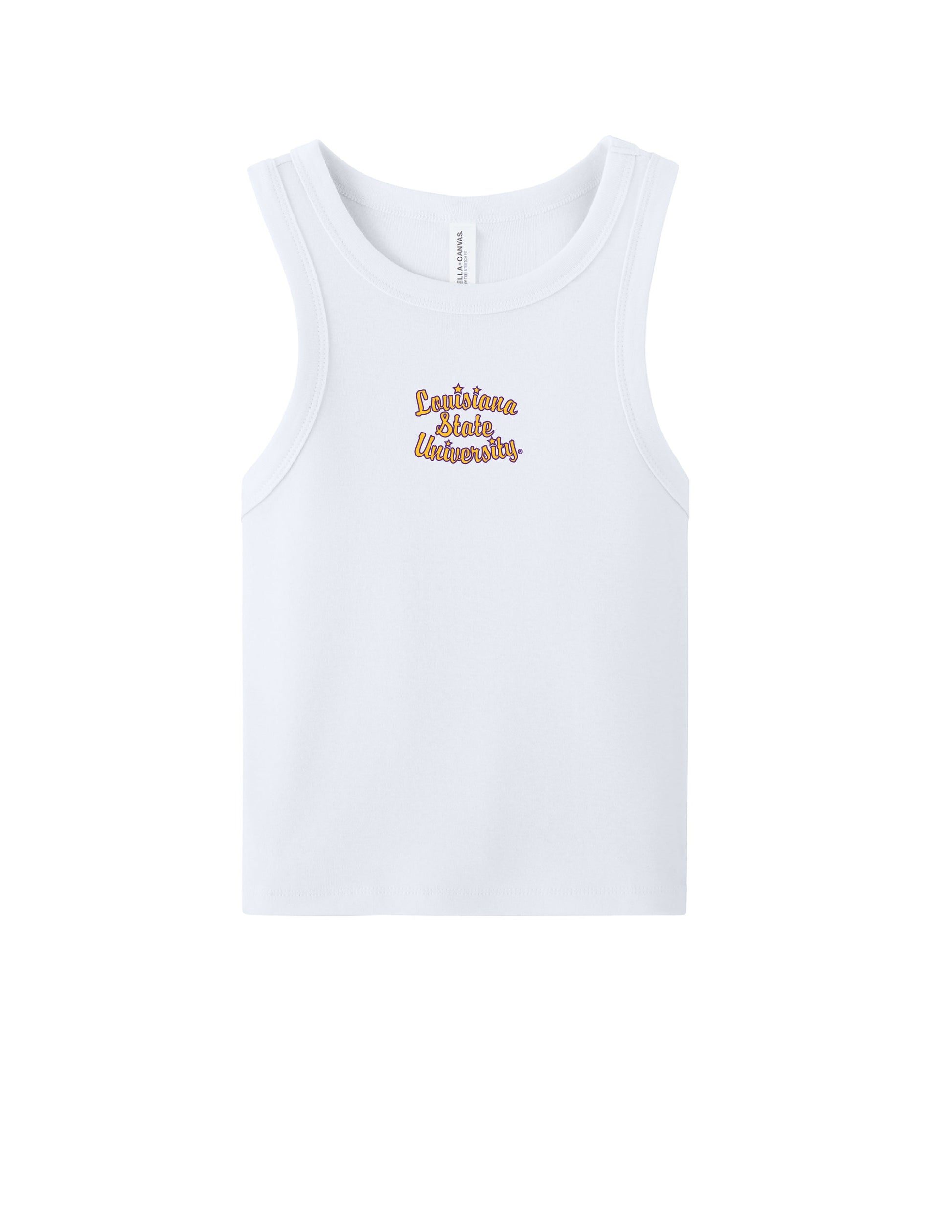 LSU White Ribbed Tank Top with Yellow and Purple Script “Louisiana State University” embroidered on the chest