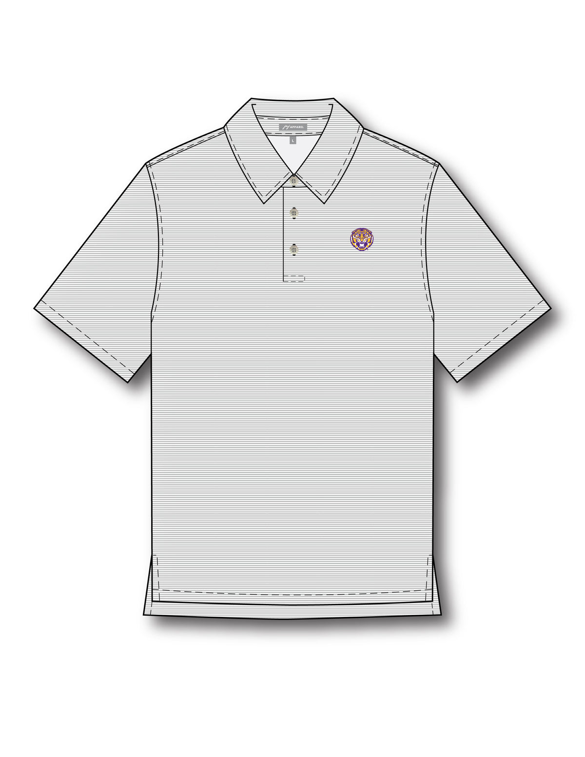 LSU Grey Stripe Men’s Polo with embroidery of a roaring Yellow and Purple Tiger