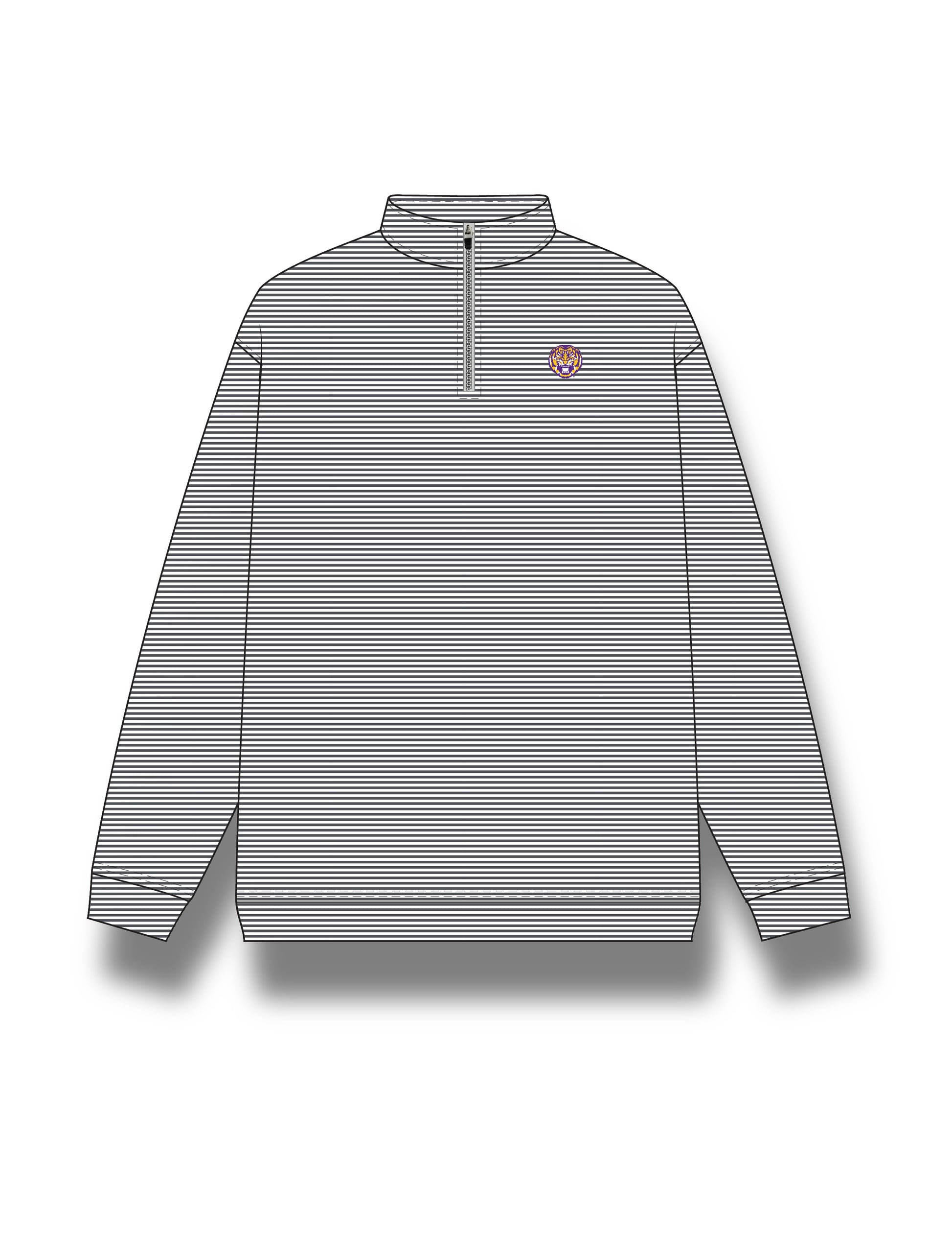 LSU Dark Grey Stripe ¼ Zip Pullover featuring embroidery of a roaring Yellow and Purple Tiger