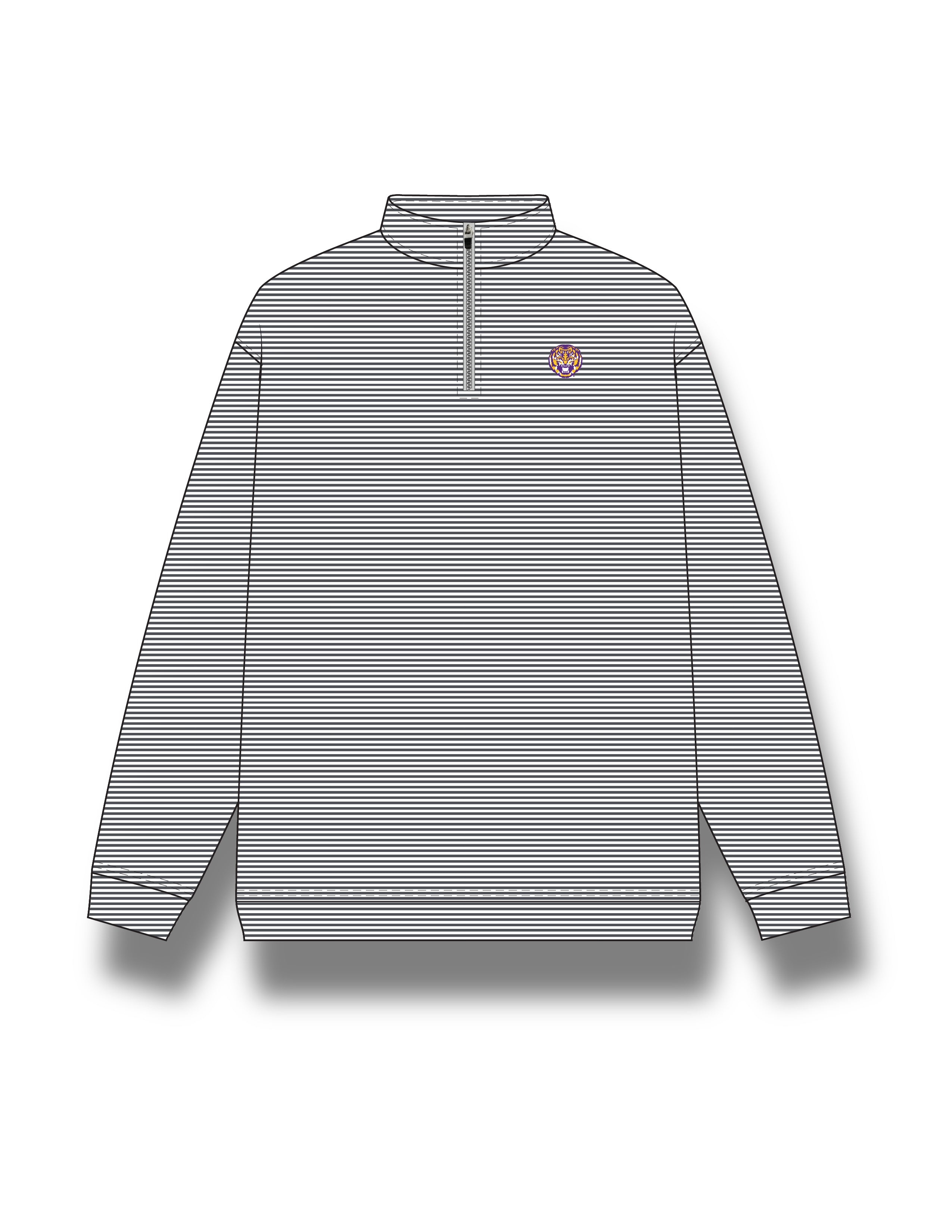 LSU Dark Grey Stripe ¼ Zip Pullover featuring embroidery of a roaring Yellow and Purple Tiger