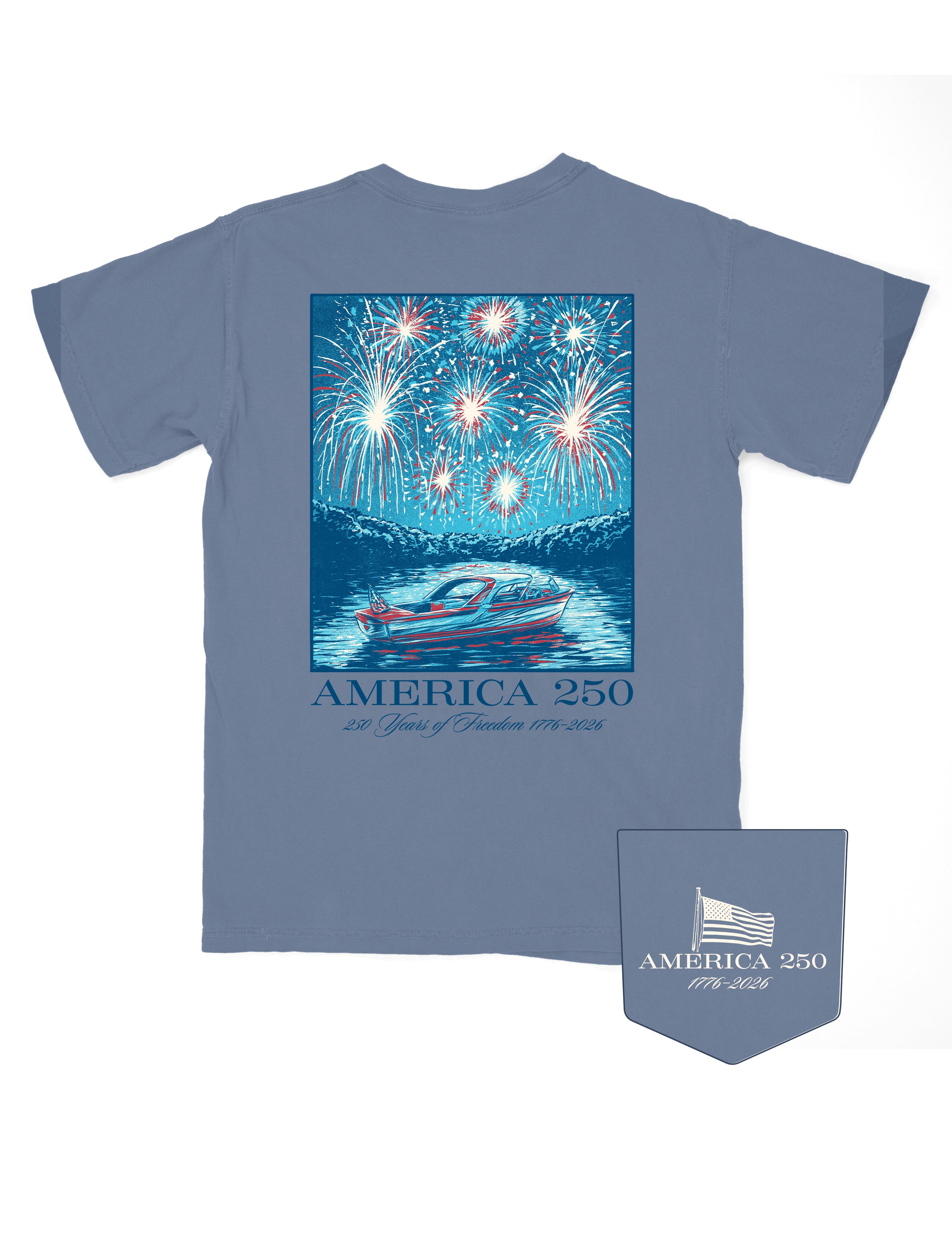 America 250 Blue Jean T-Shirt with impressionist style art of a boat on the lake while fireworks explode above, and text “America 250”