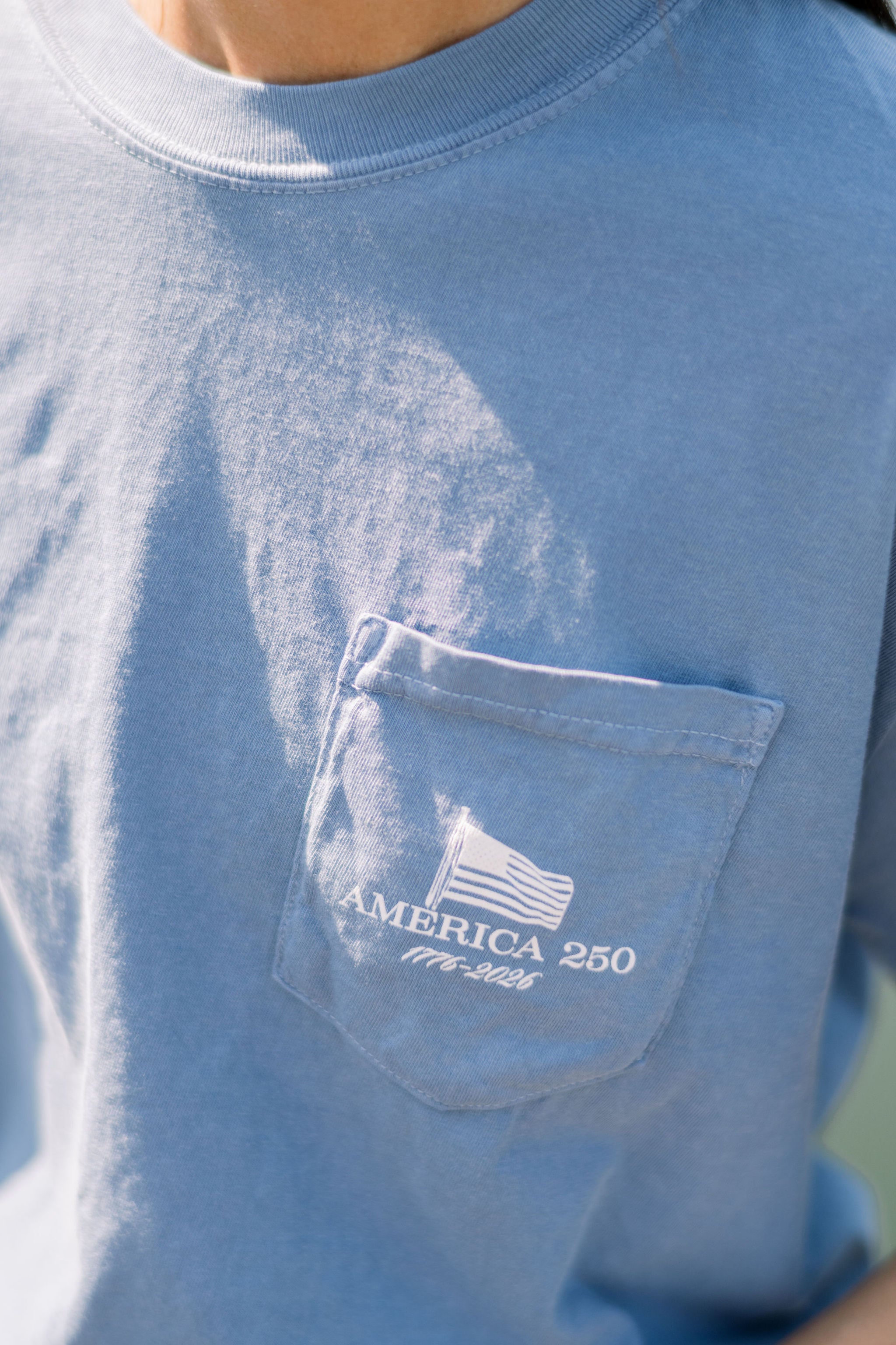 Front Pocket with an American flag waving over text “America 250- 1776-2026”