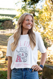 University of Alabama Ivory T-Shirt with Red text “Roll Tide” above an image of Big Al leaning on a Black A