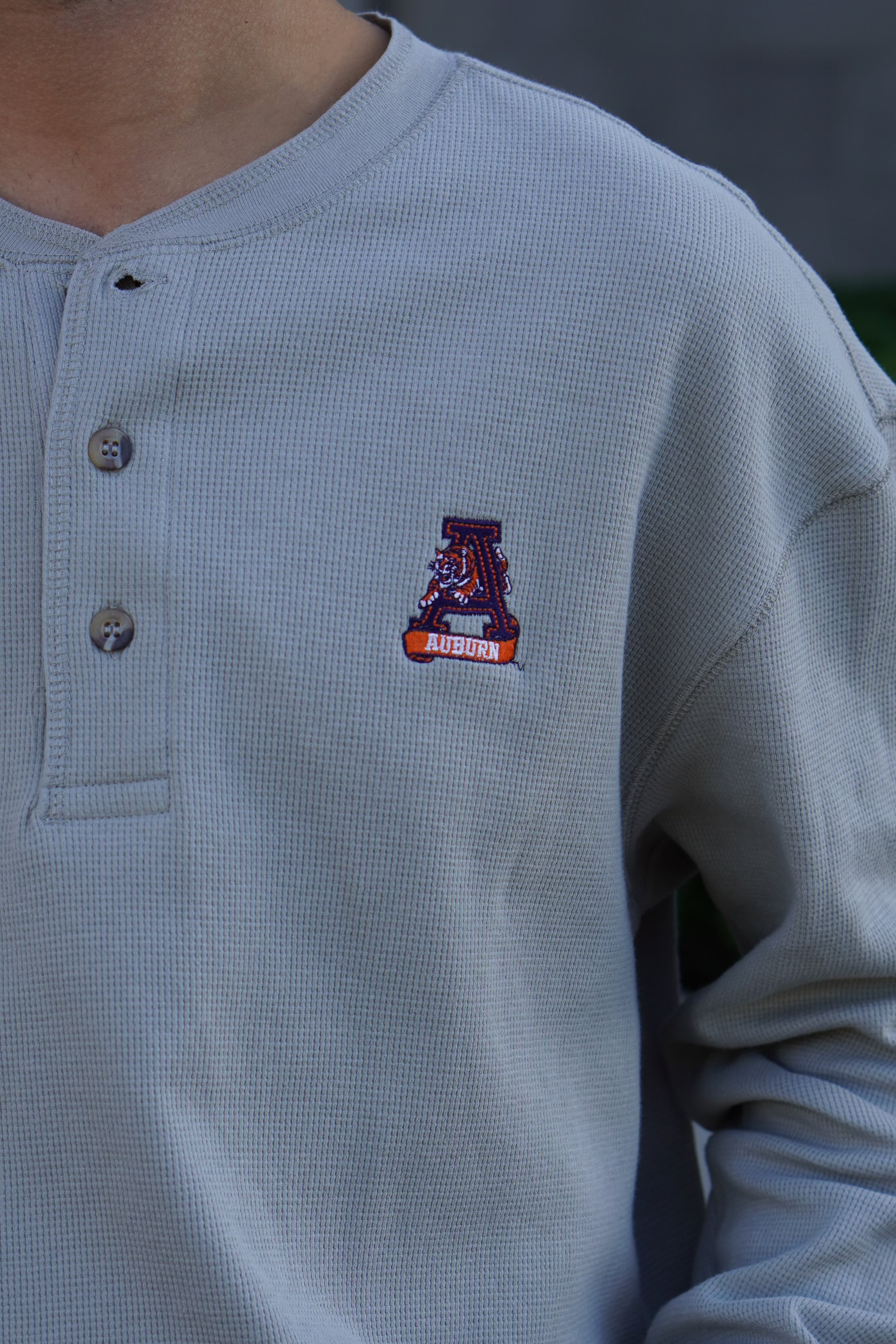 Auburn University Grey Thermal Henley with Leaping Tiger Logo Embroidery
