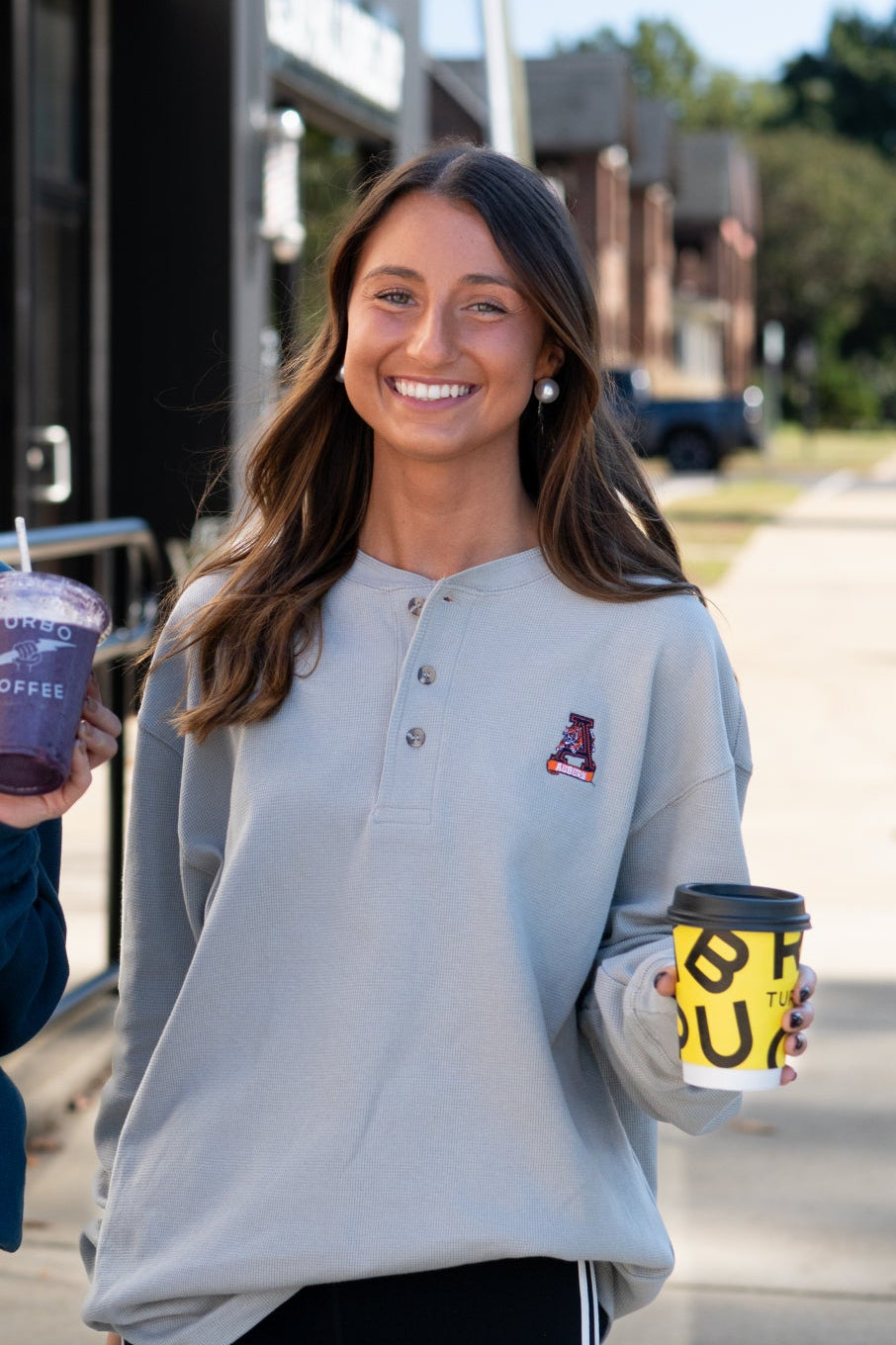 Auburn University Grey Thermal Henley with Leaping Tiger Logo Embroidery