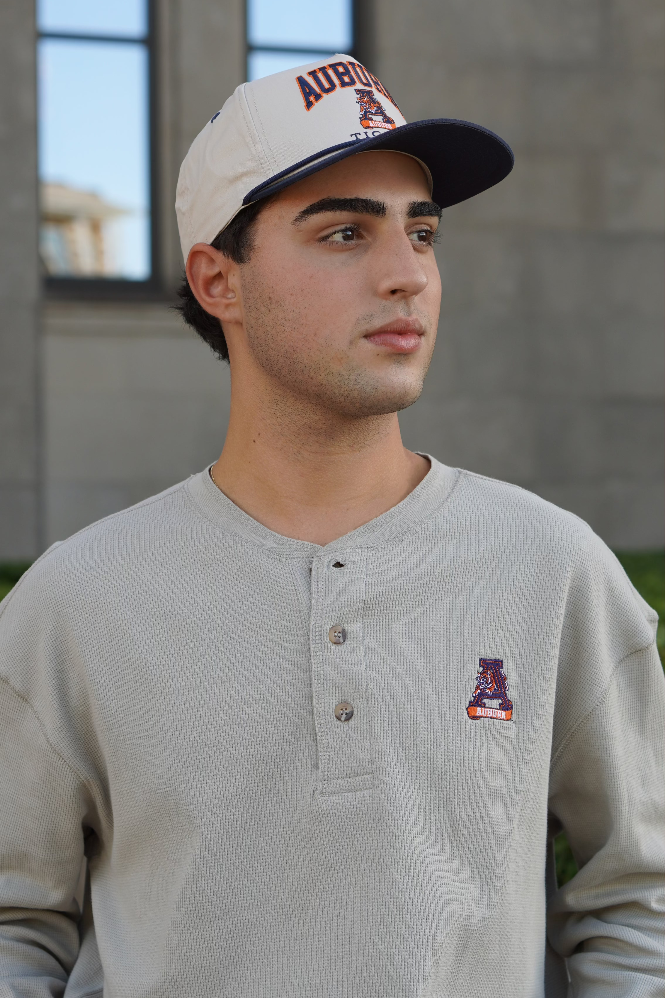 Auburn University Grey Thermal Henley with Leaping Tiger Logo Embroidery