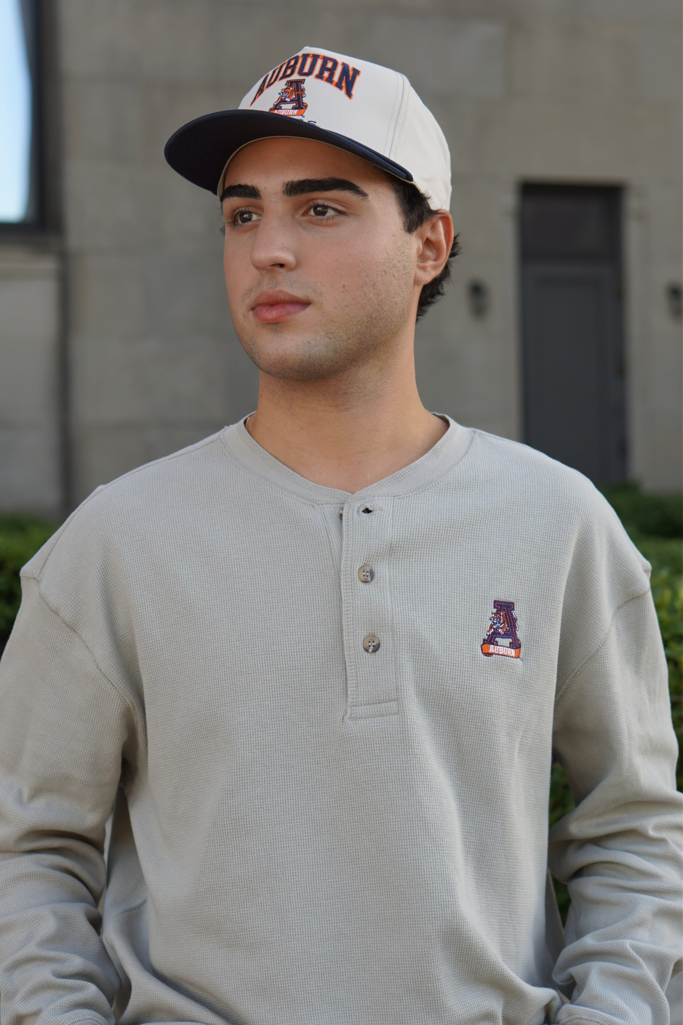 Auburn University Grey Thermal Henley with Leaping Tiger Logo Embroidery