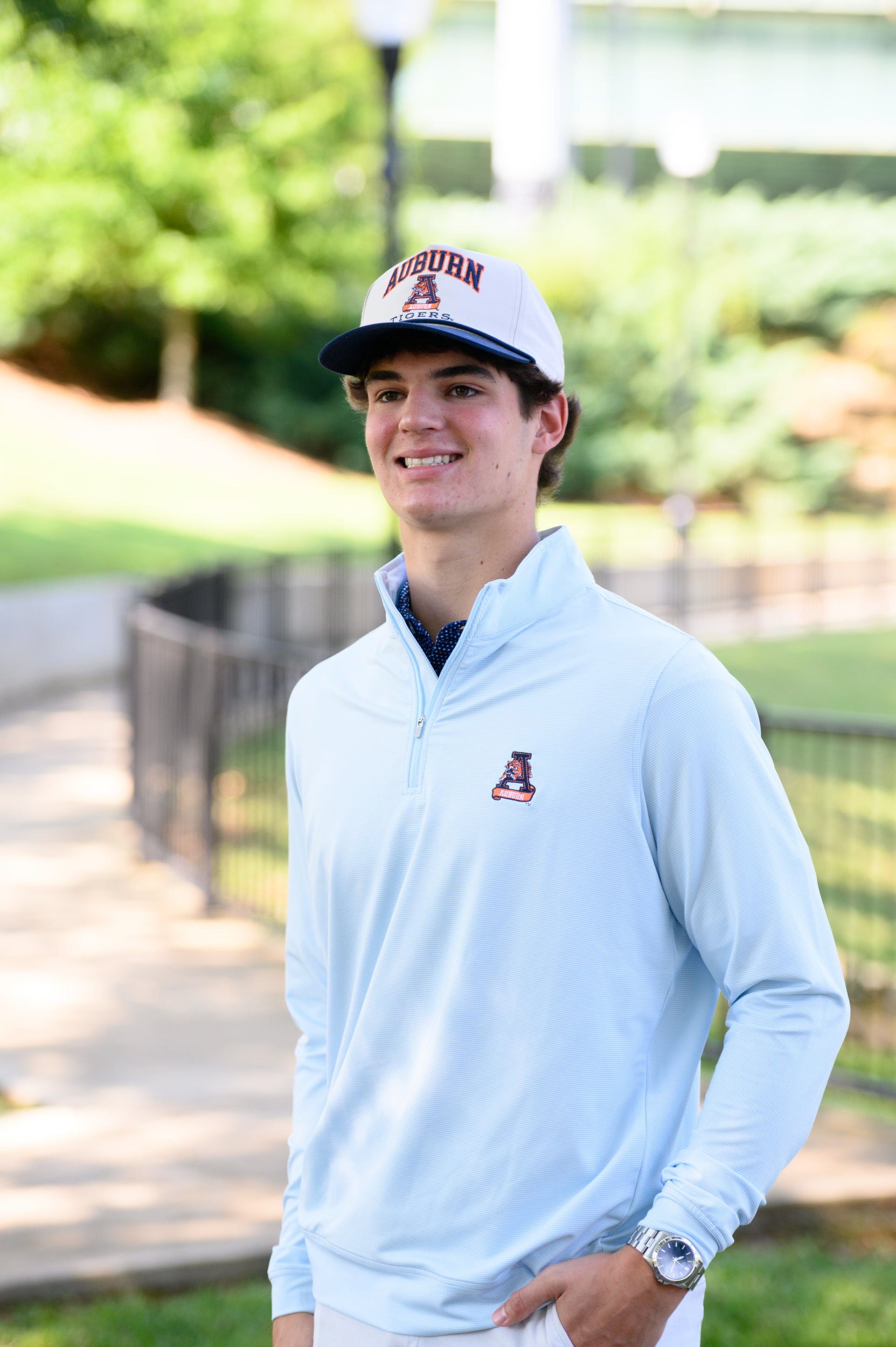 Auburn University Light Blue Men’s ¼ Zip with embroidery of Aubie leaping through an "A"