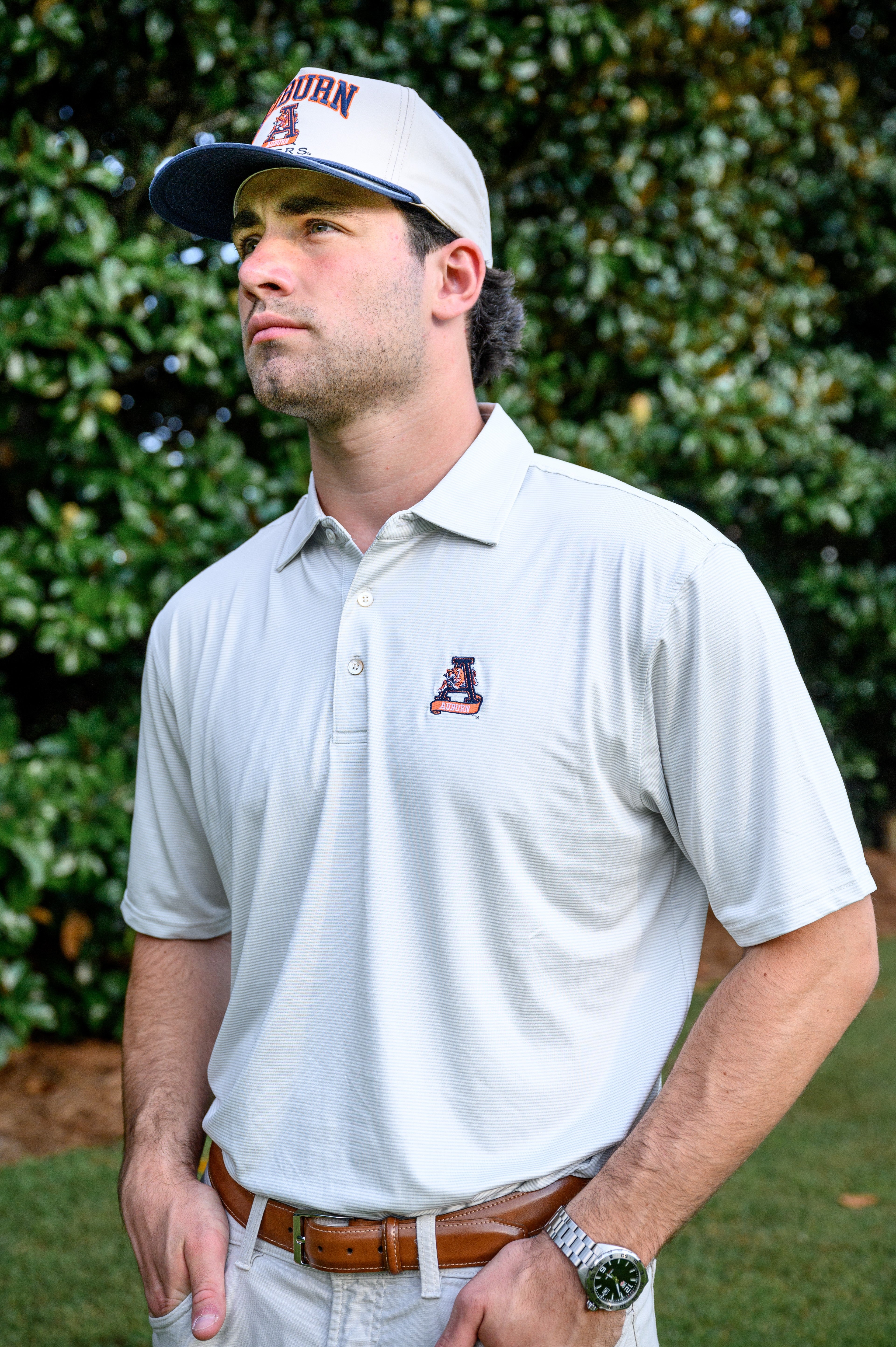 Auburn University Light Grey Men’s Polo with embroidery of Aubie leaping through an "A"