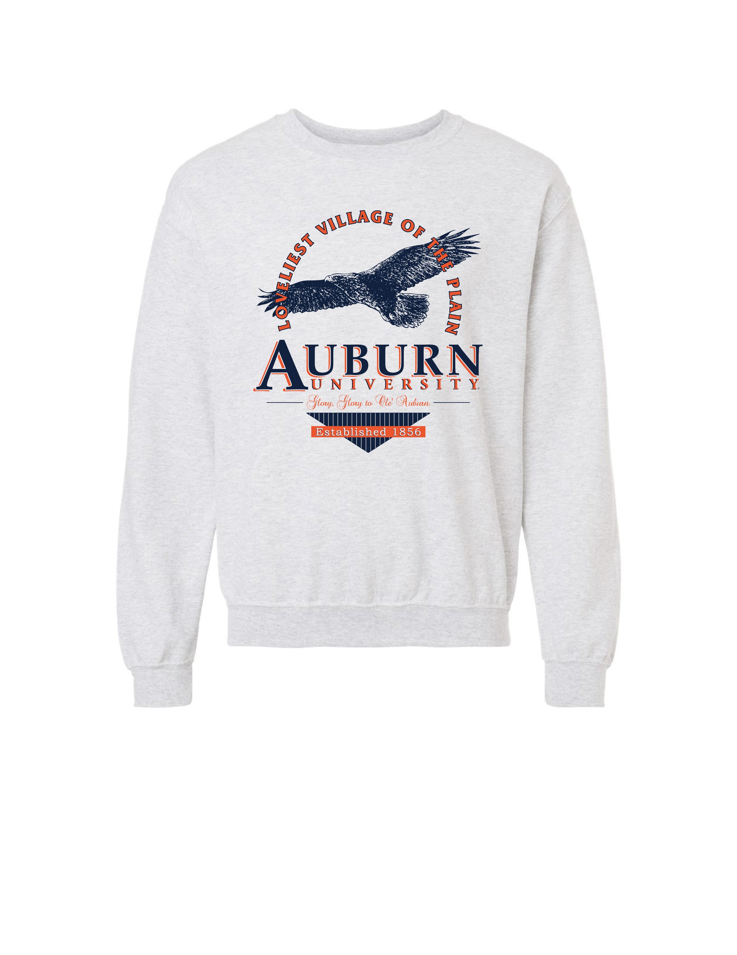 Auburn University Grey Sweatshirt with an image of an eagle flying under Orange text “Loveliest Village of the Plains” and above text “Auburn University”