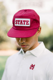 Mississippi State Maroon Snapback Hat featuring a White patch with Maroon “State” embroidery