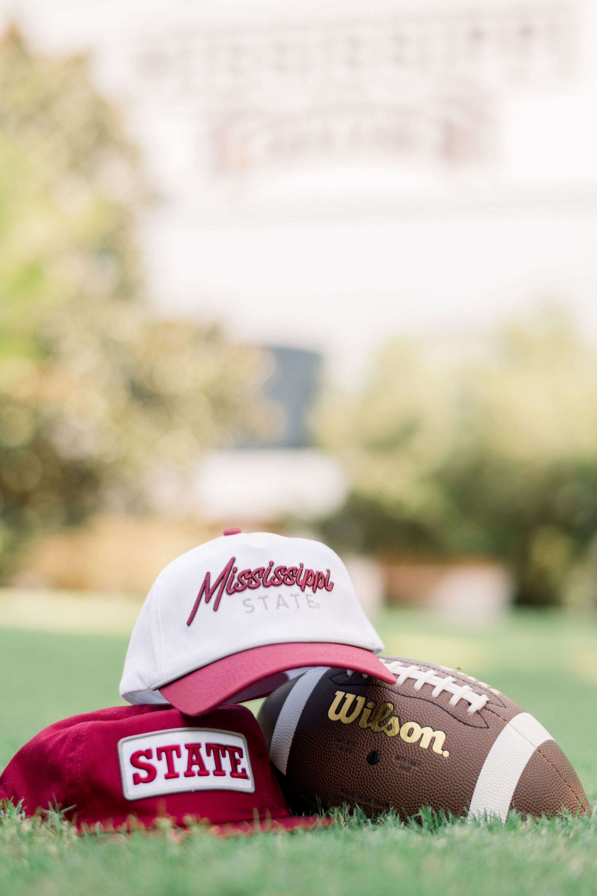 Mississippi State White and Maroon Hat with Maroon “Mississippi” embroidery and Light Grey text "State"