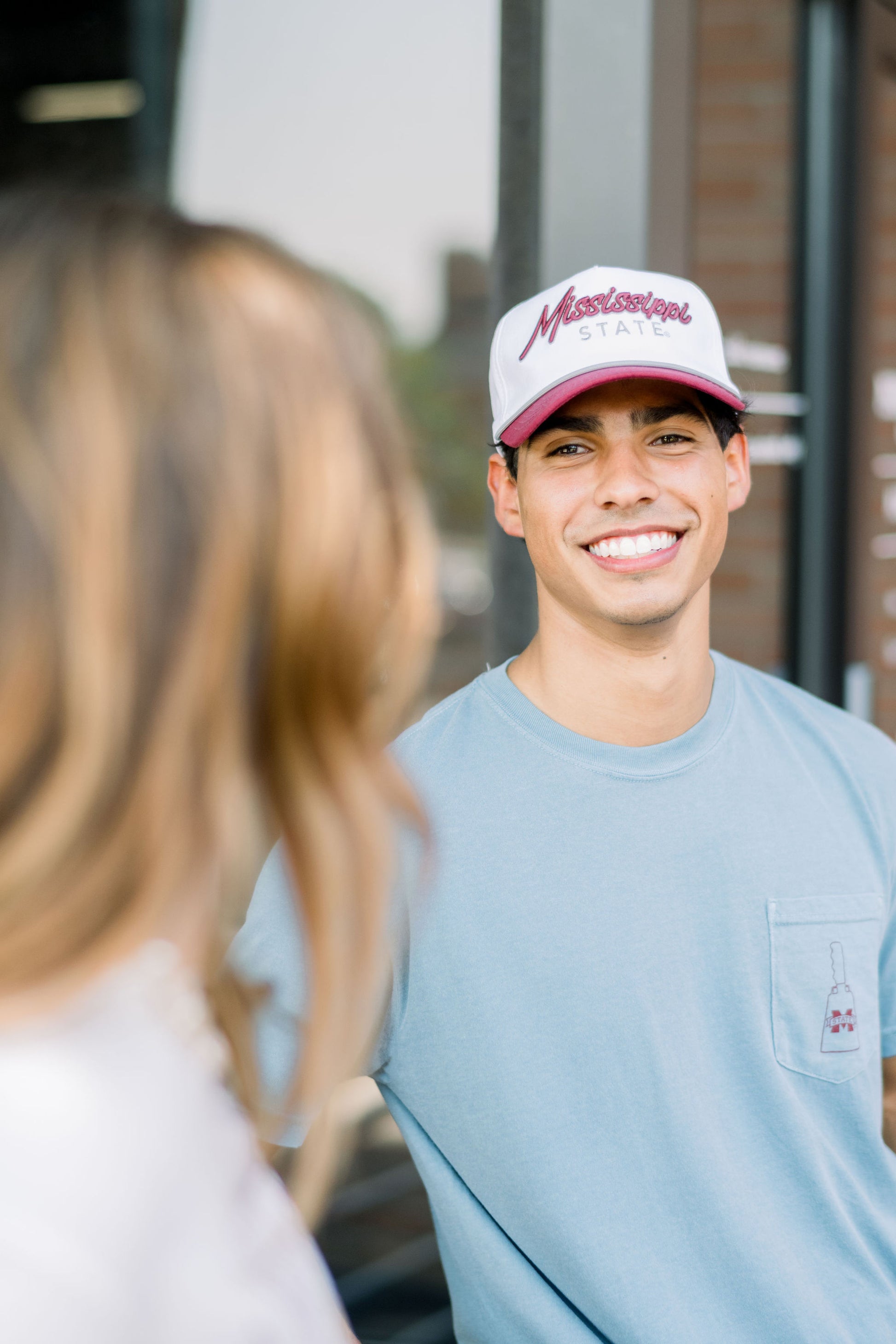 Mississippi State White and Maroon Hat with Maroon “Mississippi” embroidery and Light Grey text "State"