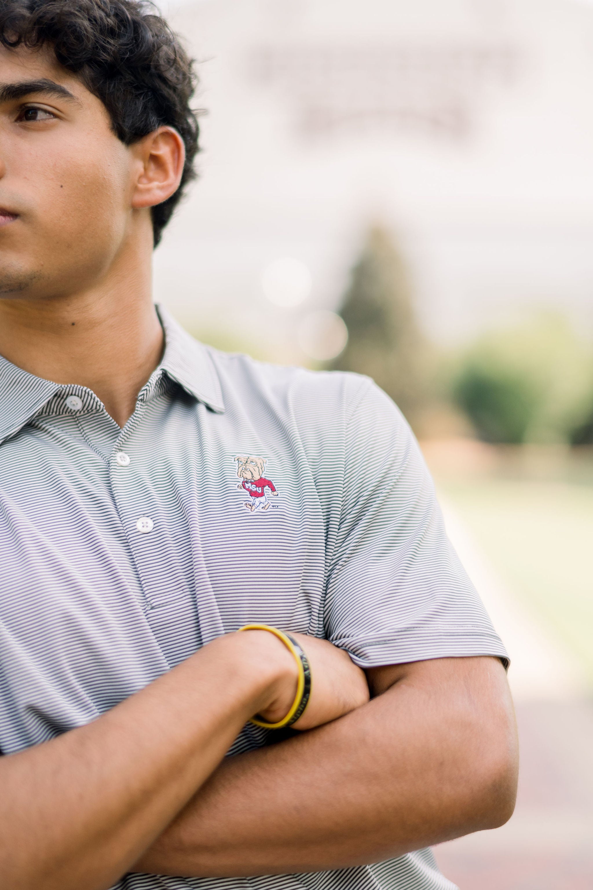 Mississippi State Men’s Grey Stripe Polo with Walking Bully Logo Embroidery
