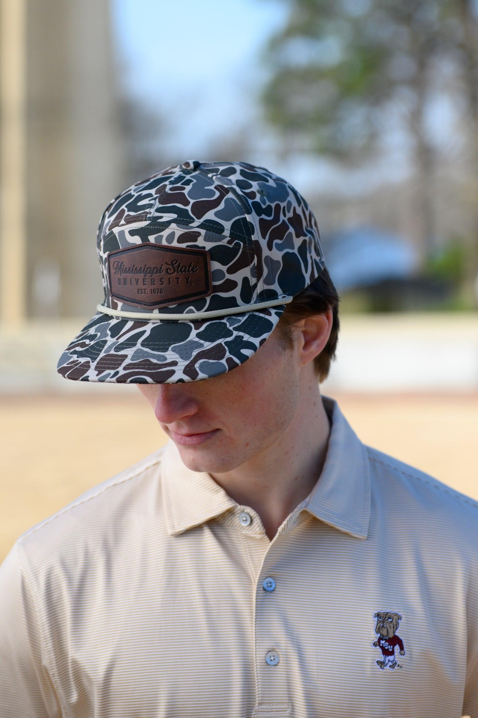 Mississippi State Camo Hat with a White rope and a leather patch with text “Mississippi State University”
