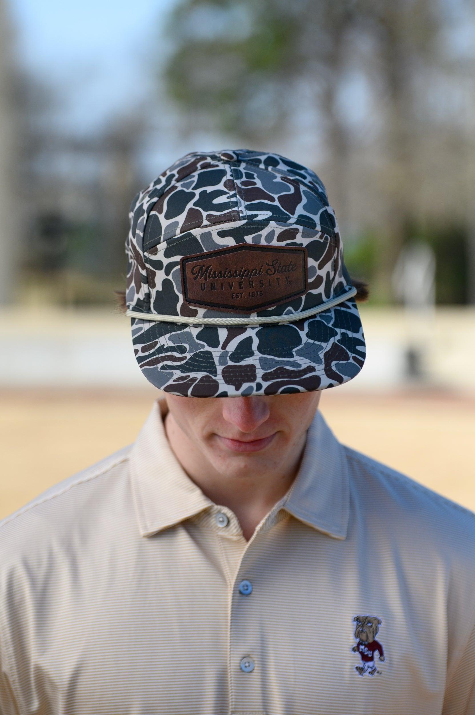 Mississippi State Camo Hat with a White rope and a leather patch with text “Mississippi State University”