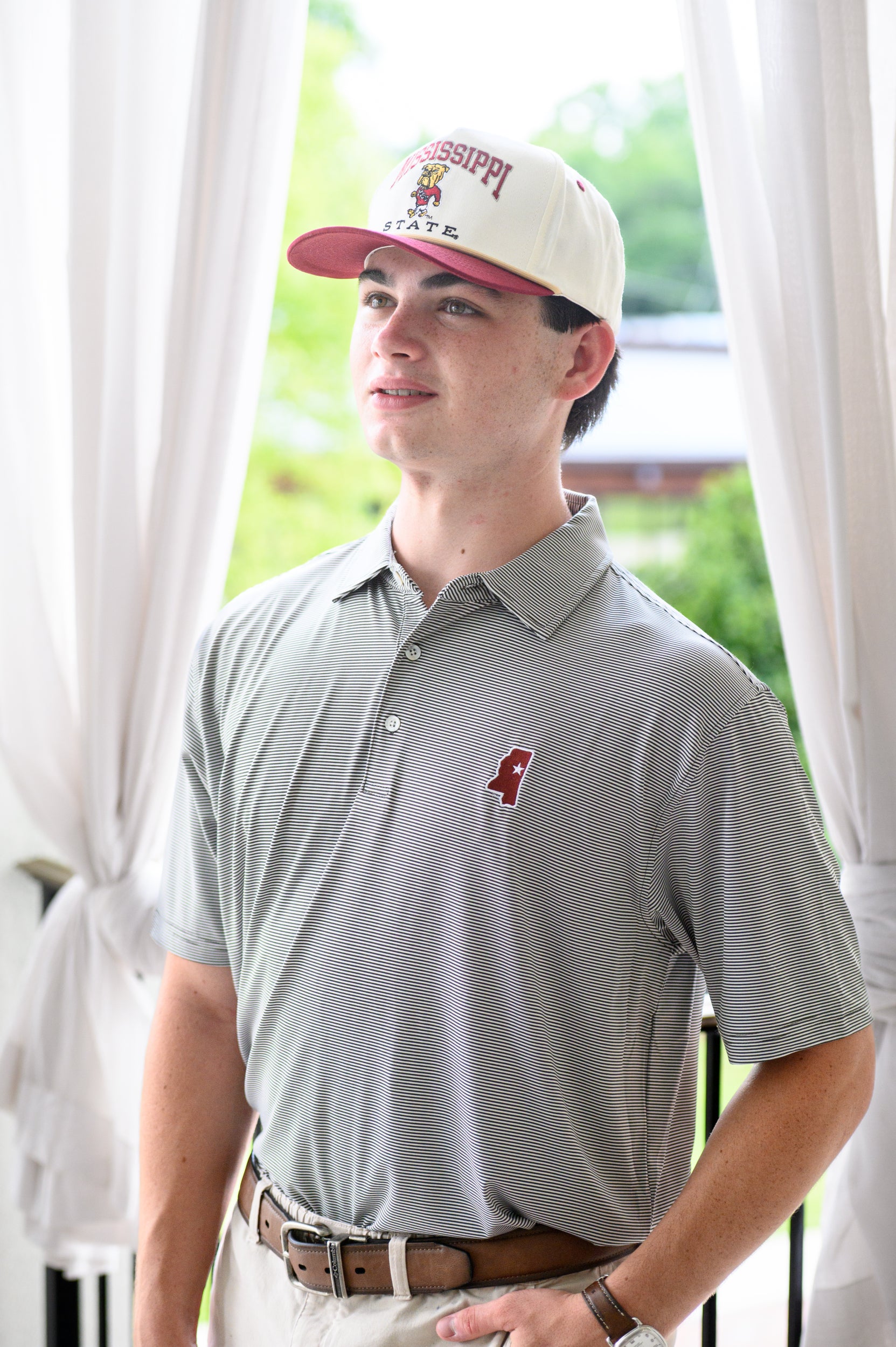 Mississippi State Grey Men’s Stripe Polo with the Mississippi State outline embroidery