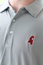 Mississippi State Grey Men’s Stripe Polo with the Mississippi State outline embroidery