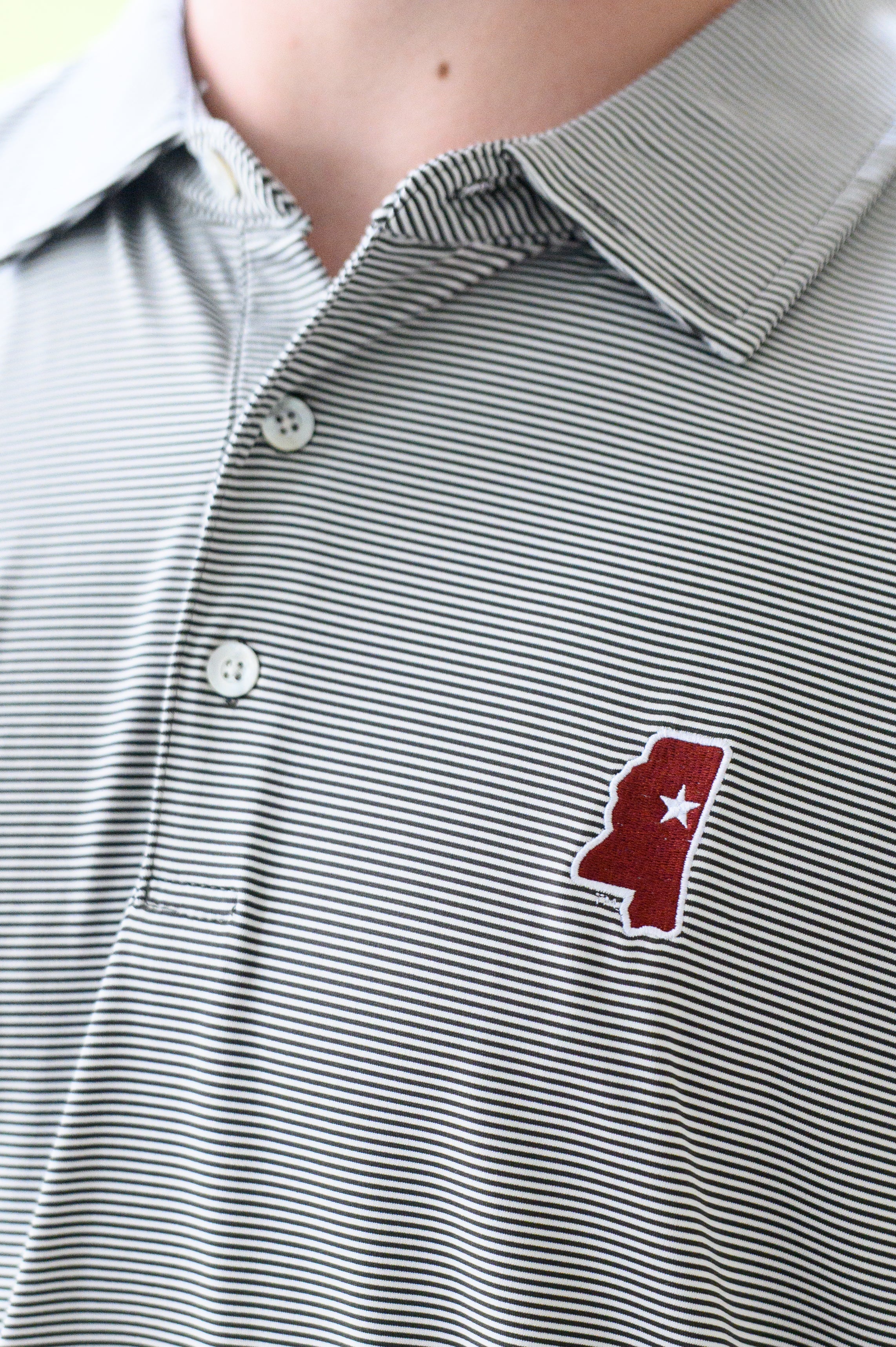 Mississippi State Grey Men’s Stripe Polo with the Mississippi State outline embroidery