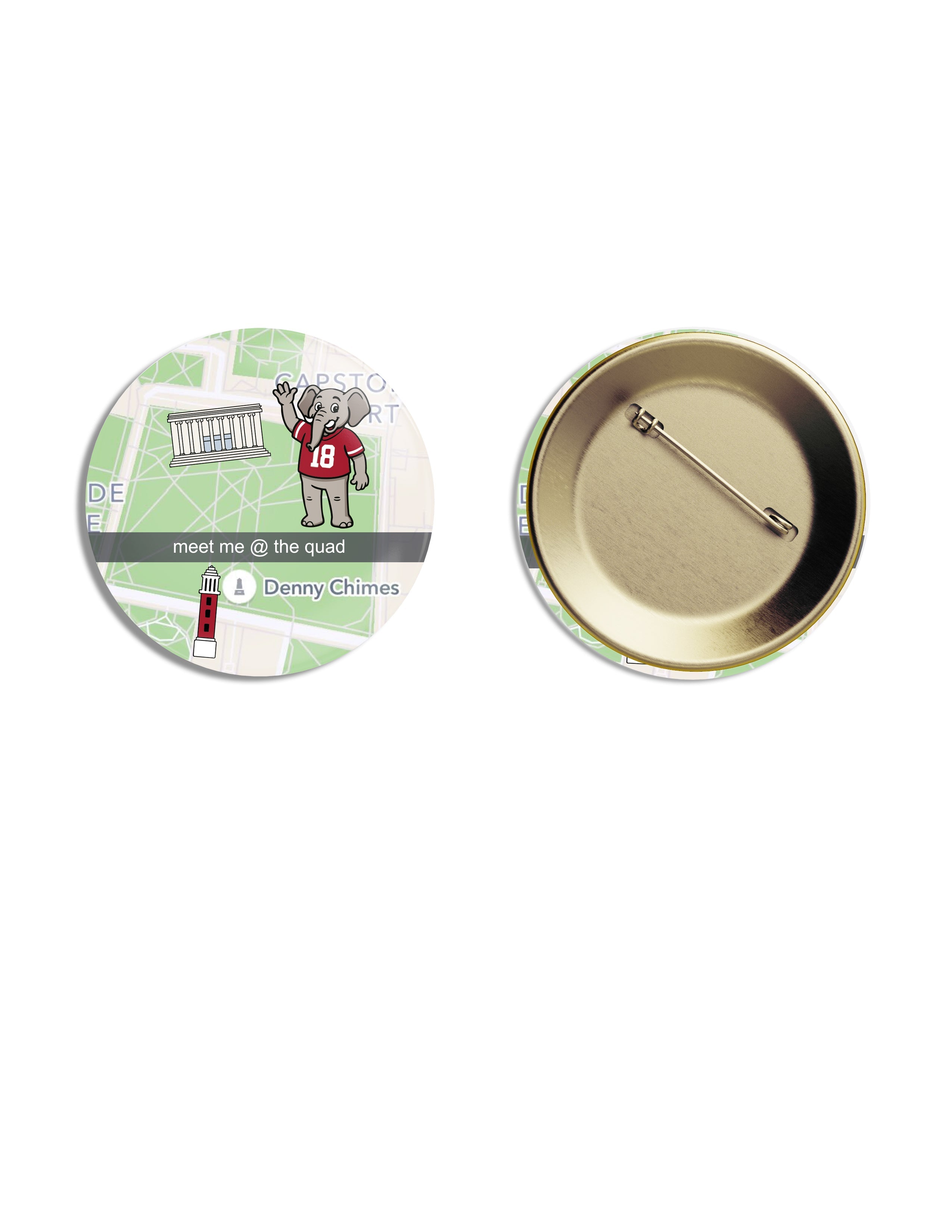 University of Alabama Button with an image of a google maps with text “meet me @ the quad”