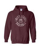 Mississippi State Distressed Dark Red Hoodie with a White Baseball featuring the MS overlapping logo over crossed baseball bats, surrounded by White text “Miss. State Baseball”