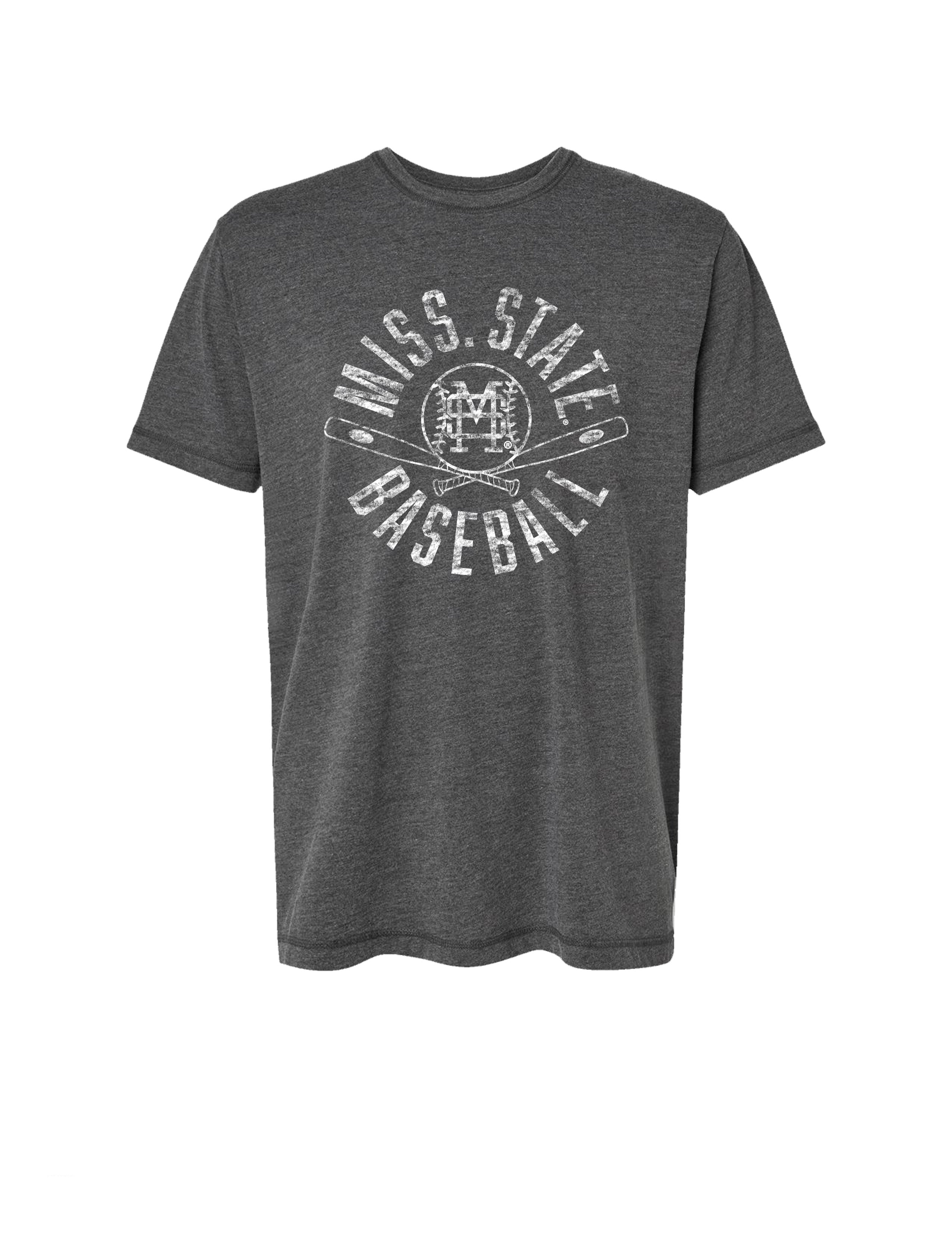 Mississippi State Distressed Dark Grey T-Shirt with a White Baseball featuring the MS overlapping logo over crossed baseball bats, surrounded by White text “Miss. State Baseball”