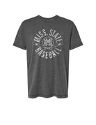 Mississippi State Distressed Dark Grey T-Shirt with a White Baseball featuring the MS overlapping logo over crossed baseball bats, surrounded by White text “Miss. State Baseball”