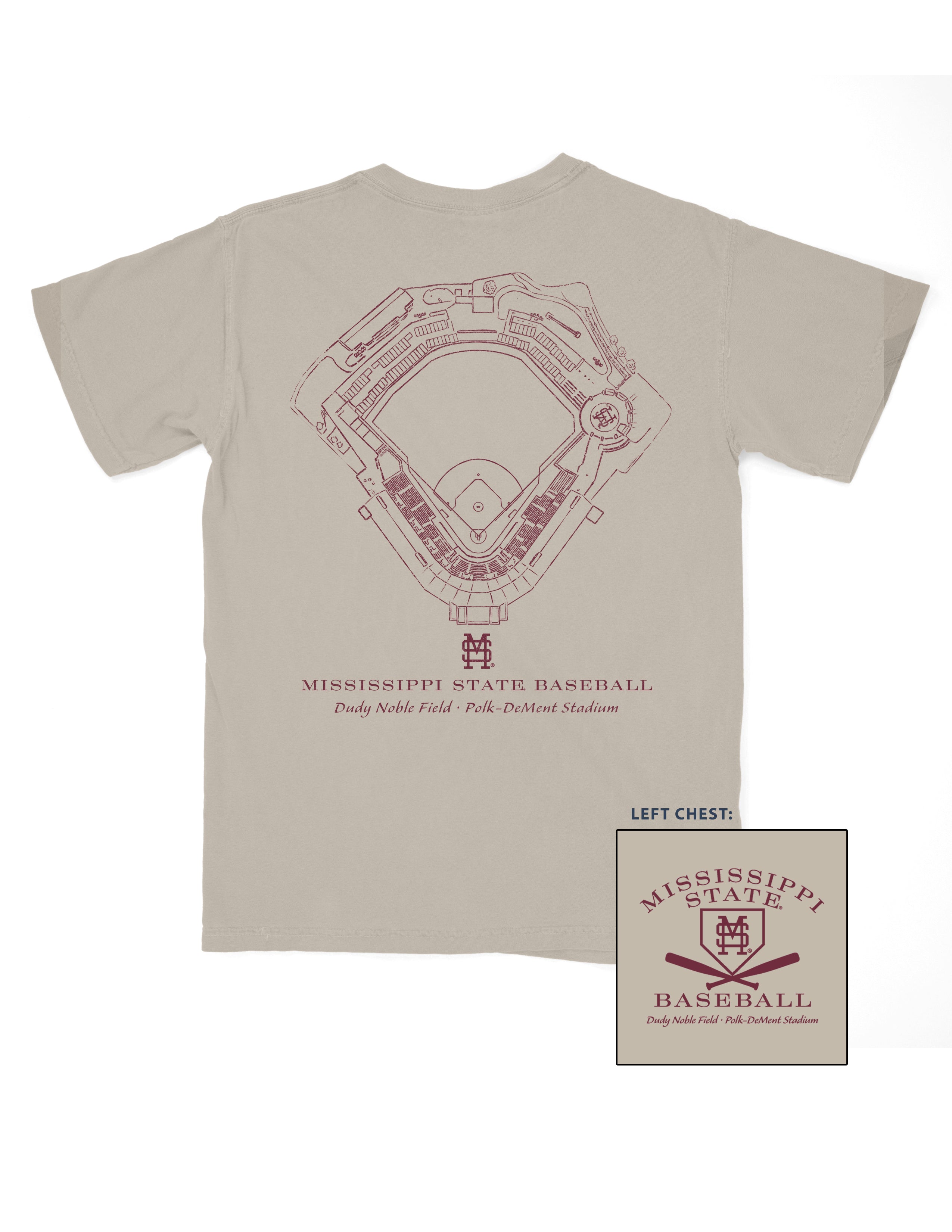 Mississippi State Sandstone Distressed Tee with a Maroon print of the Dudy-Noble Baseball Field blueprint above text “Mississippi Baseball”