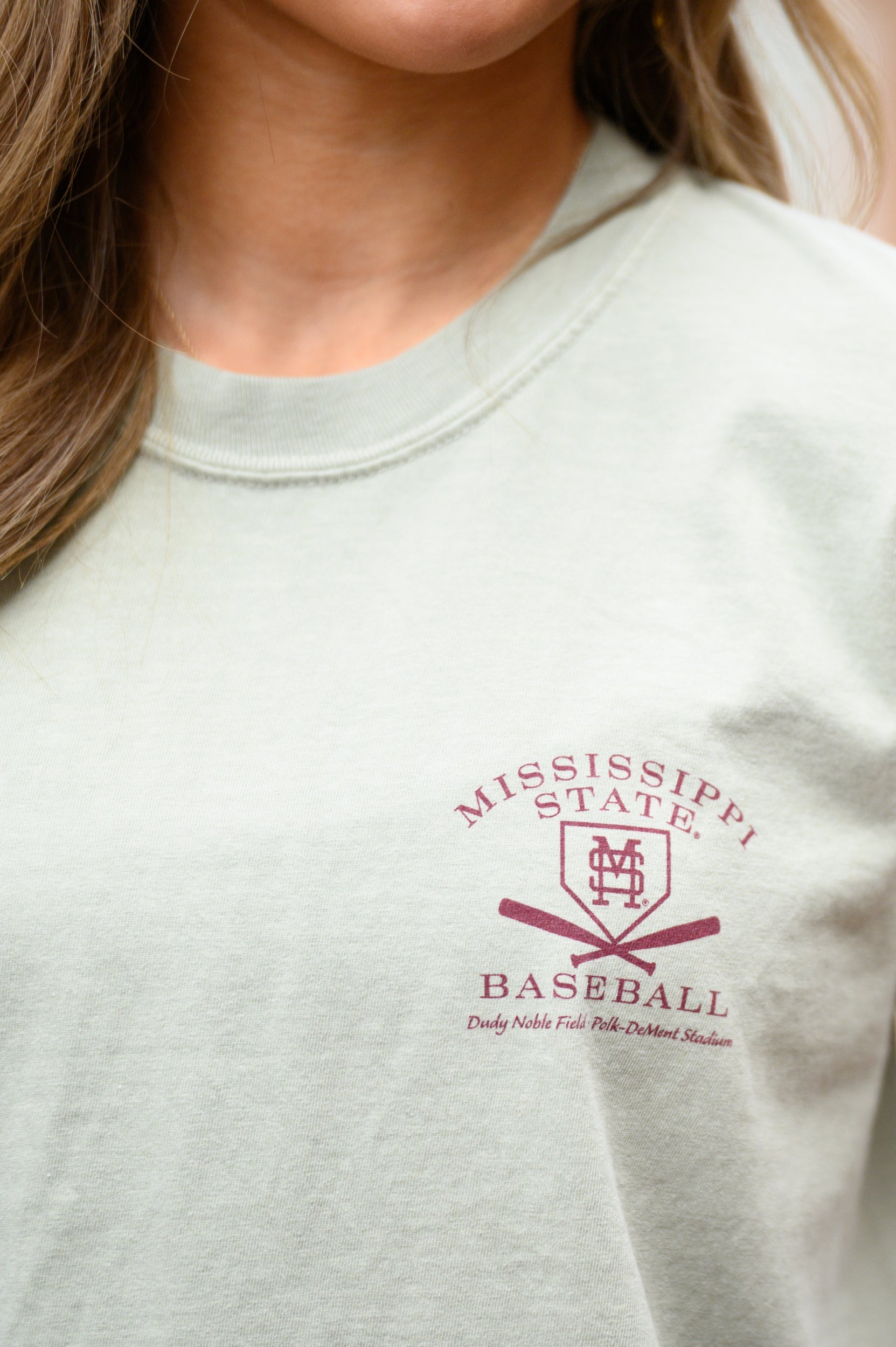 Mississippi State Sandstone Distressed Tee Chest Design with a maroon print of home plate over two crossed baseball bats