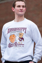 Mississippi State Light Grey Heather Sweatshirt with a basketball landing in a hoop between text “Mississippi” and “State” and next to Bully