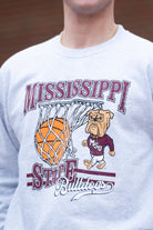 Mississippi State Light Grey Heather Sweatshirt with a basketball landing in a hoop between text “Mississippi” and “State” and next to Bully