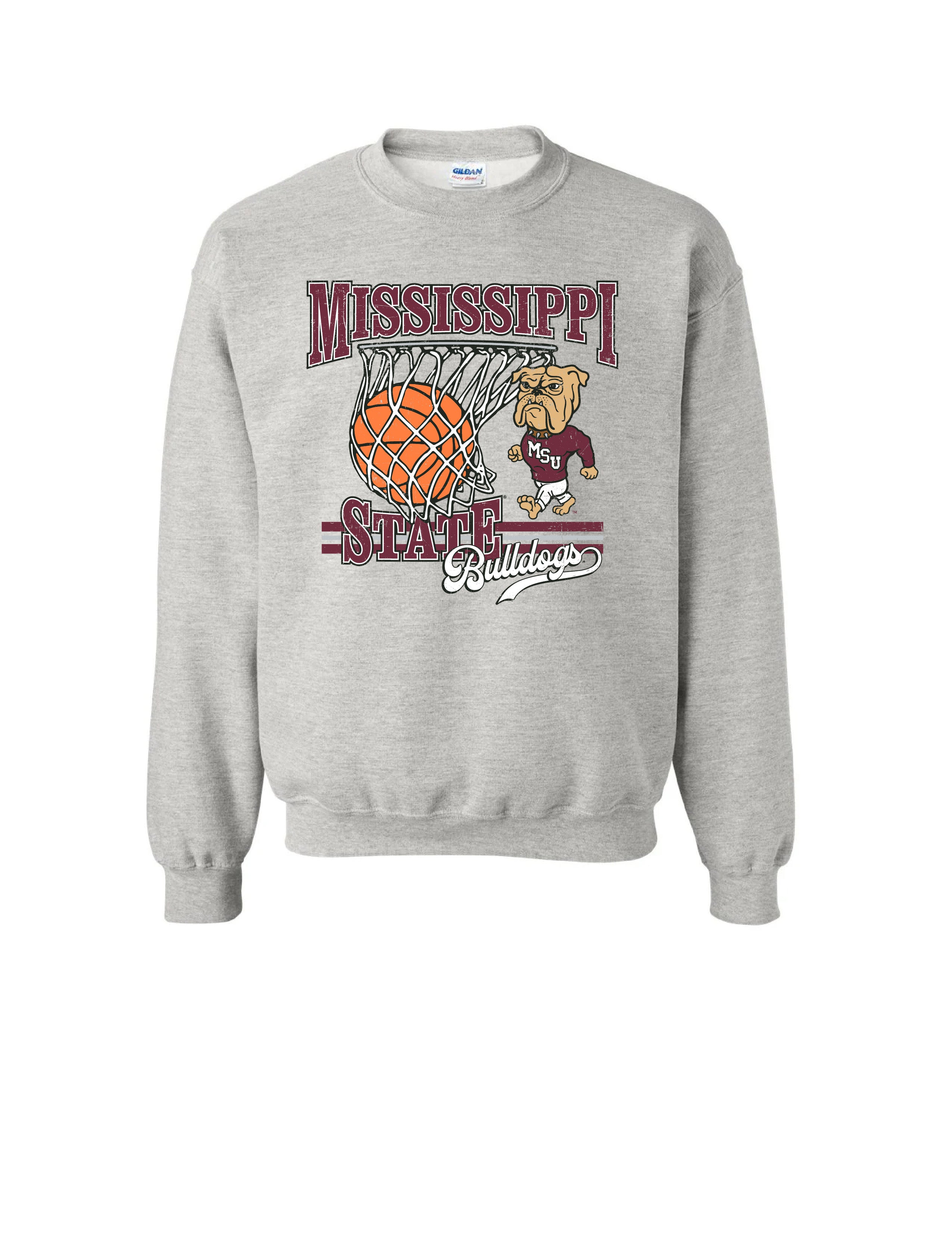 Mississippi State Light Grey Heather Sweatshirt with a basketball landing in a hoop between text “Mississippi” and “State” and next to Bully