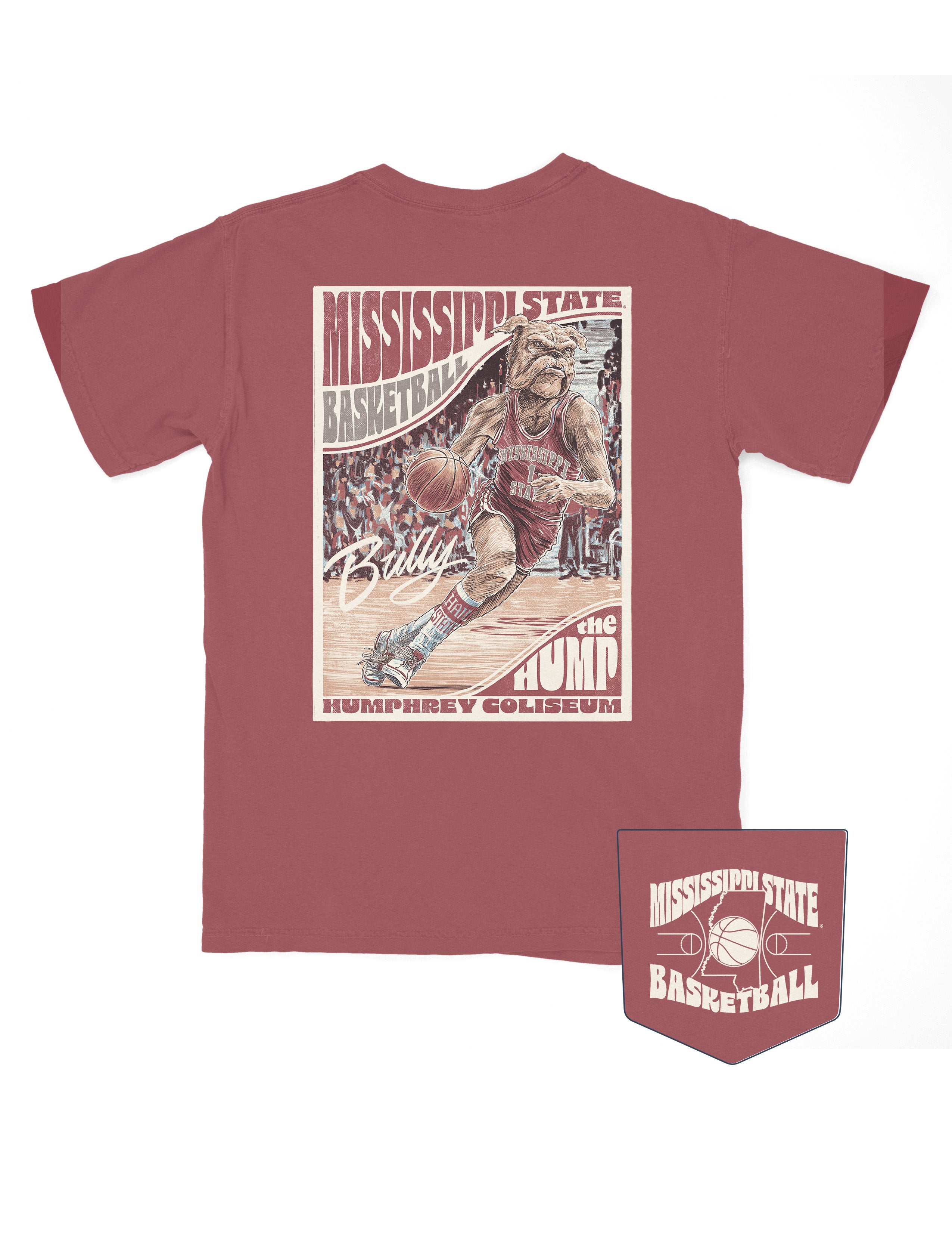 Mississippi State Crimson T-Shirt with a basketball card style design featuring Bully dribbling a basketball down the court in between text “Mississippi State Basketball” and “The Hump Humphrey Coliseum”