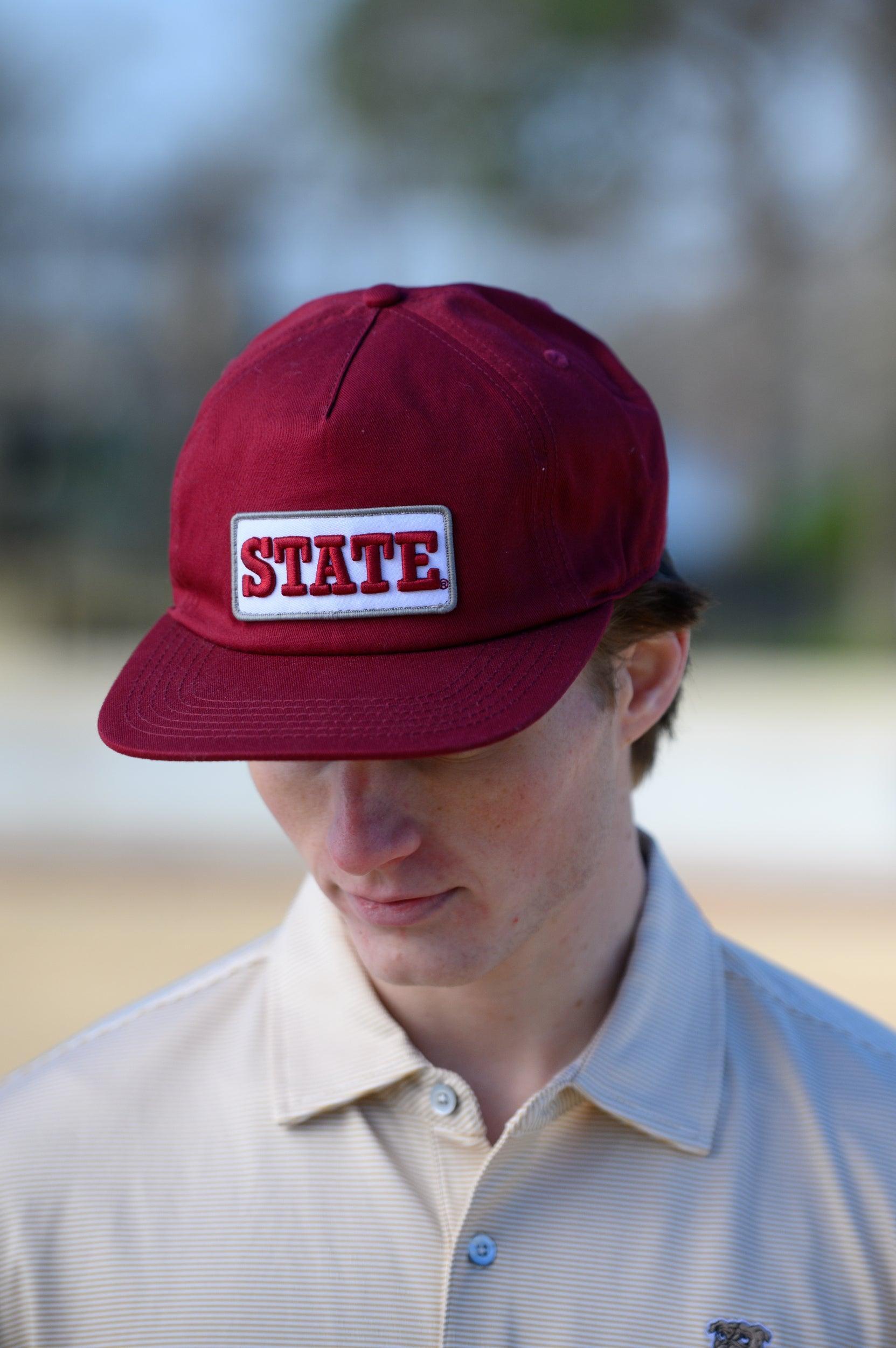 Mississippi State Maroon Snapback Hat featuring a White patch with Maroon “State” embroidery