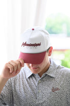 Mississippi State White and Maroon Hat with Maroon “Mississippi” embroidery and Light Grey text "State"