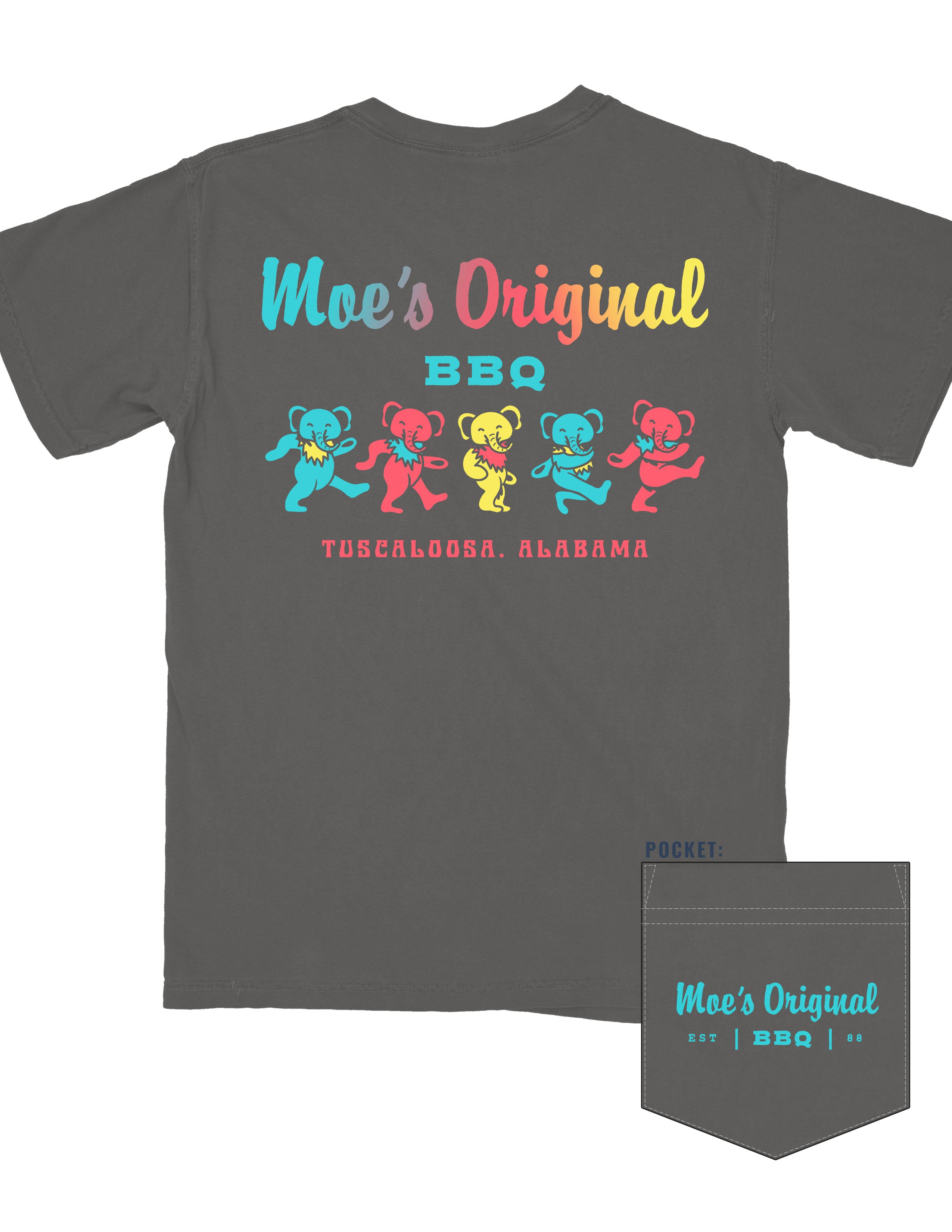 Moe's Grey Grateful Elephant T-Shirt with text "Moe's Original BBQ" above five dancing elephants