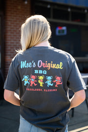Moe's Grey Grateful Elephant T-Shirt with text "Moe's Original BBQ" above five dancing elephants
