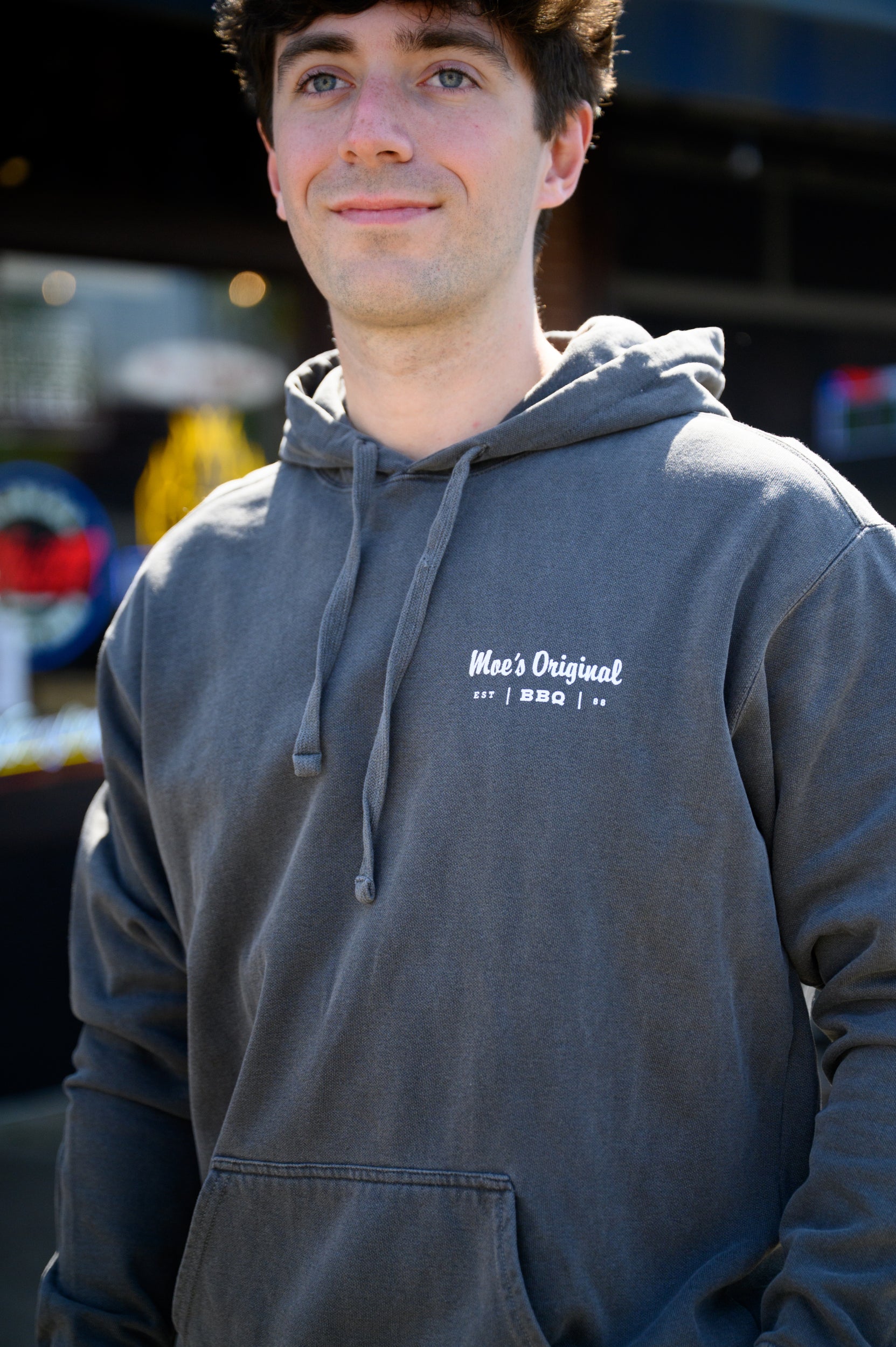 White “Moe’s BBQ” logo left chest design