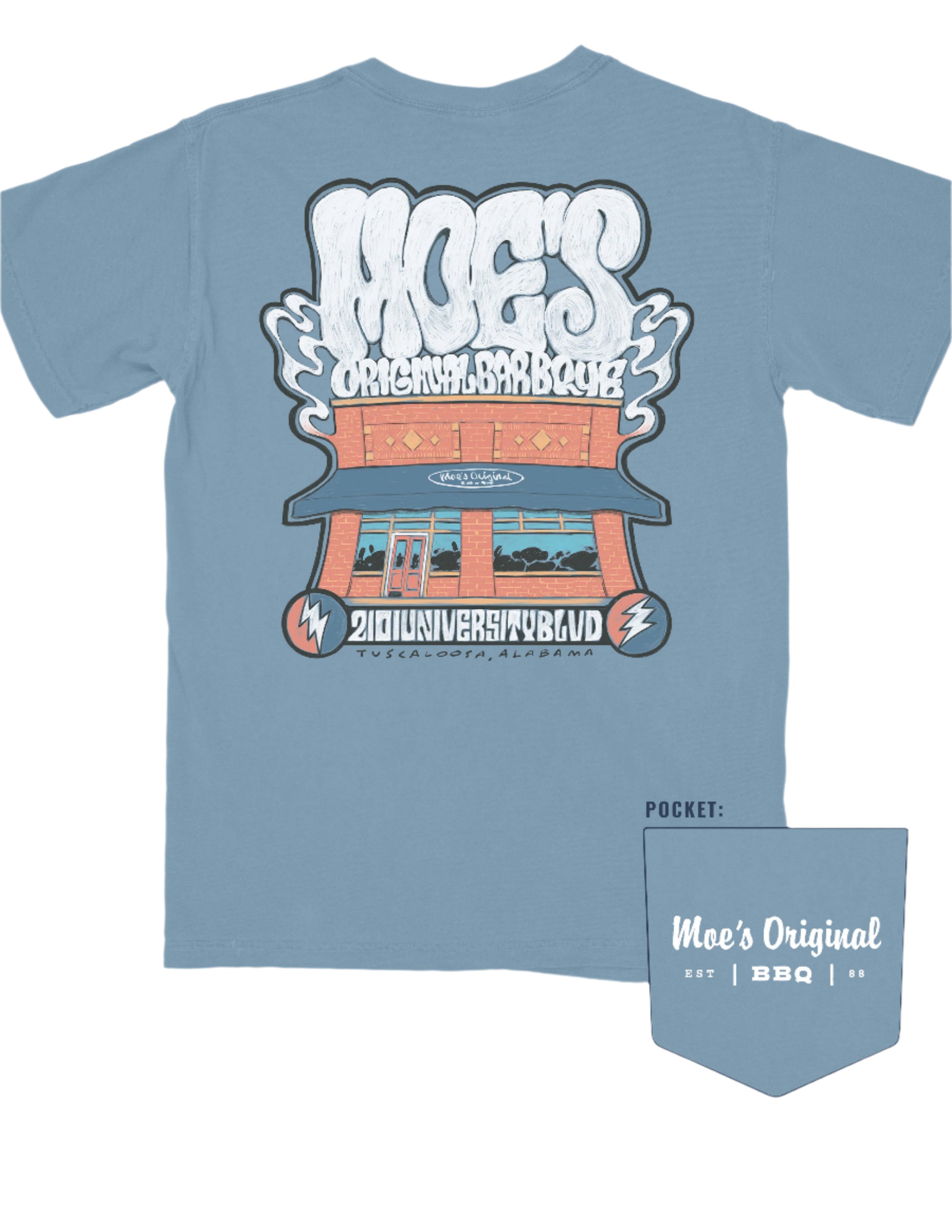 Moe's Ice Blue T-Shirt with White text "Moe's Original Barbeque" above an illustration of the Moe's Building 